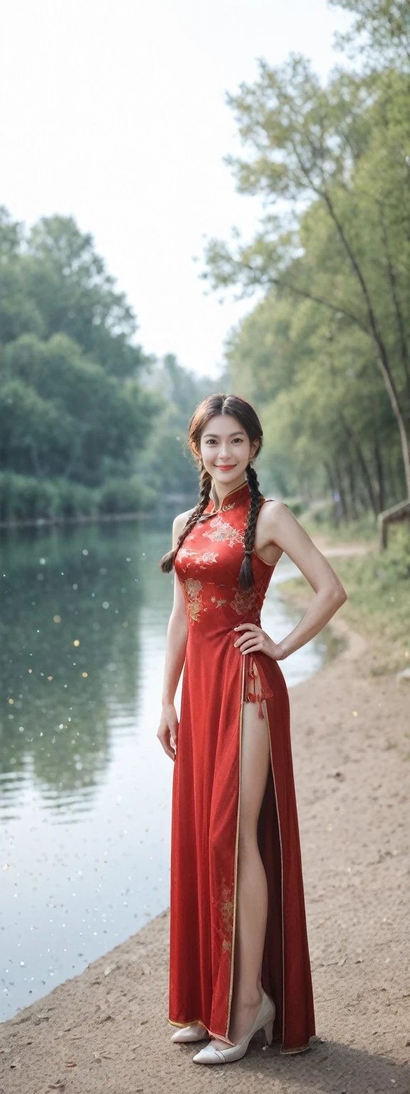 score_9, score_8_up, score_7_up, BREAK,
 full body, 1girl, brown eyes, light brown hair, twin braids, china dress, china, outdoors, village, tree, river, pelvic curtain, light particles, sunbeam, hand on own hip, head tilt, lens flare, from side, people fishing on background masterpiece, best quality, intricate detail, detailed raw photo, realistic, photorealistic