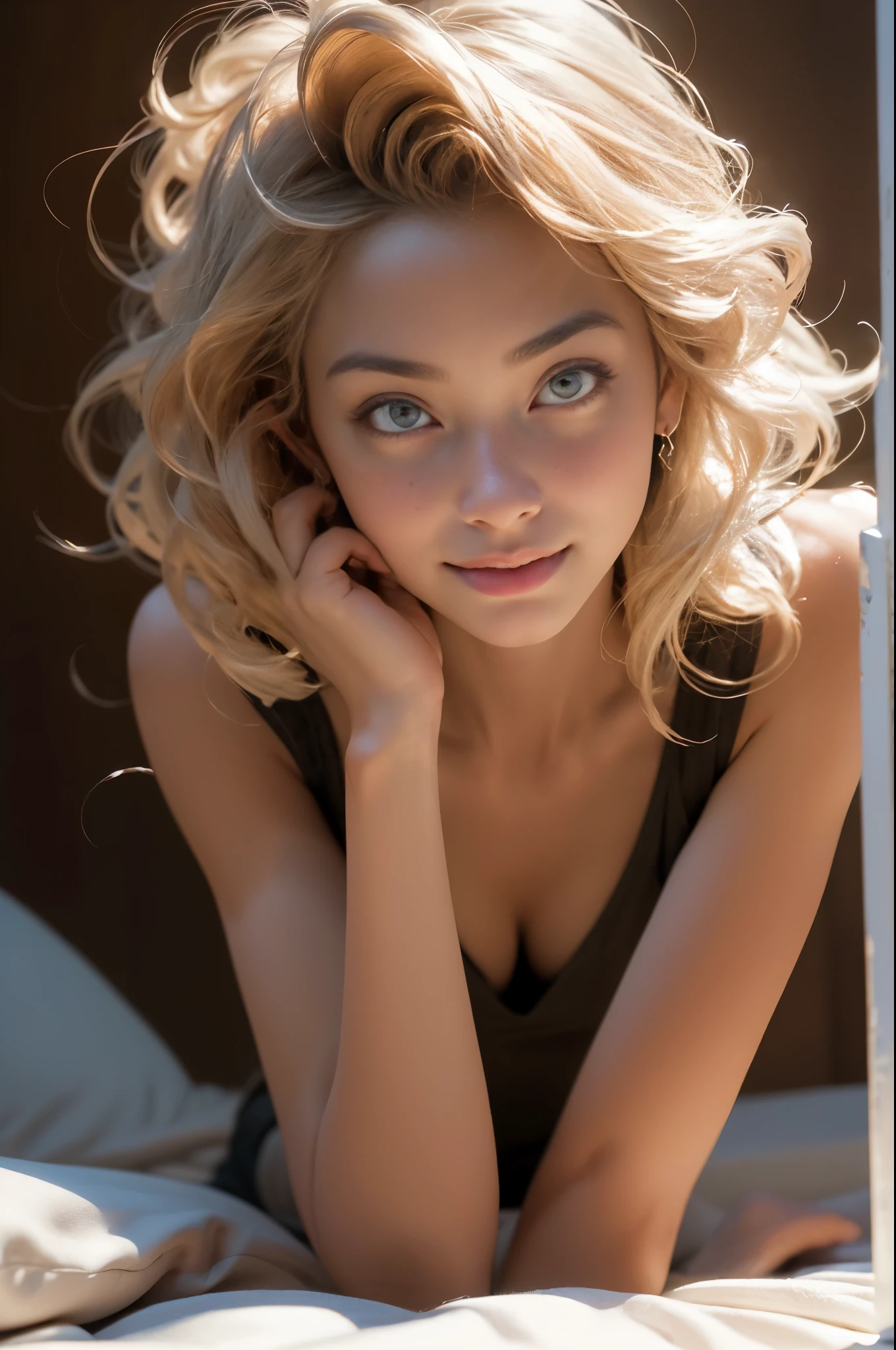melancholy lighting, Quiet, chill out, luminance, tmasterpiece, Best quality, 1 sister, (Kim Kroll:1.2), (hyper realisitc:1.3), (tmasterpiece:1.4), Best quality, ((actual)), high high quality, ultra - detailed, ((Authentic images)), ((Realistic skin)), ((Realistic face)),(illuminations:1.05), (The beautiful:1.05), (The beautiful eyes:1.05), (light:1.1), Full body lesbian, Precise proportions, 18yo Girl, Thin model lying next to bed, SHORT BLONDE hair fluttering in the wind, gossamer, legs long, Open your feet slightly, Gluteus, The face is red, Very shy, clavicle, Abs, Double up braid, Beautiful and delicate face, Fair skin, dermiace details), pores, Ultra-high resolution, 8K, Parameters Best quality, tmasterpiece, Ultra-high resolution, (Reality 2.0), higher detailed, delicate skin, cleanness, Hefty Smile, white teeth, short blonde curly hair, perfect and well designed eyes, girlfriend, The beautiful, The beautiful, blossom flower, Studio lighting
