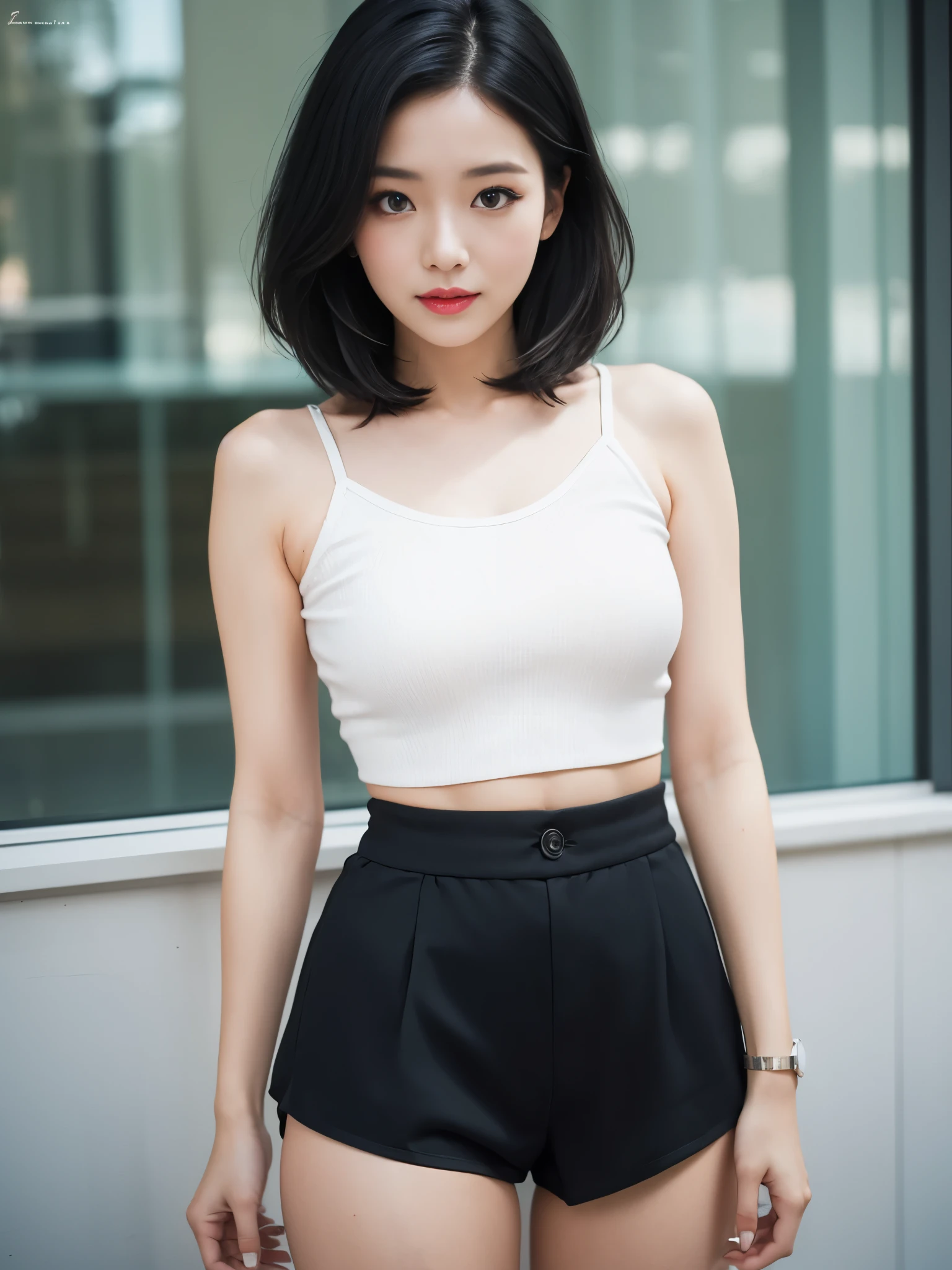30-years-old, woman, fat, blue boyshorts, crisp red crop top, short formless black hair, nerdy style, pretty cute, mascara