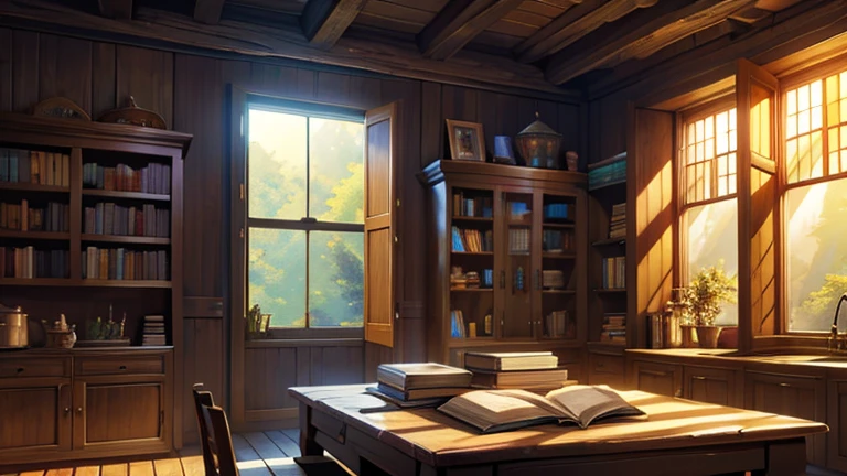 dungeons and dragons scenery background 4k high quality, wooden bookshelves various sizes colors books, wooden countertop with books on it, light coming in through the window no electricity