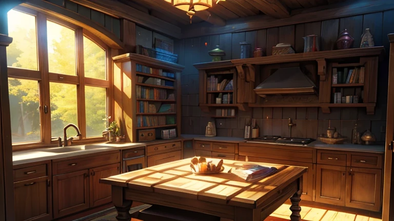 dungeons and dragons scenery background 4k high quality, wooden bookshelves various sizes colors books, wooden countertop with books on it, light coming in through the window no electricity