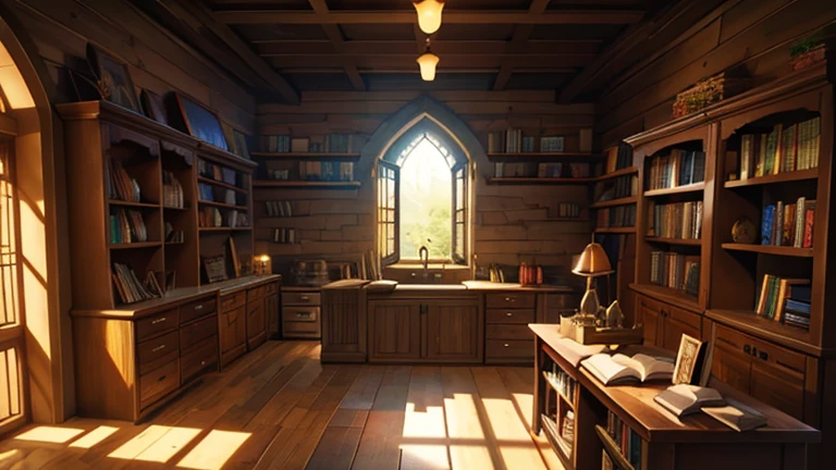 dungeons and dragons scenery background 4k high quality, wooden bookshelves various sizes colors books, wooden countertop with books on it, light coming in through the window no electricity