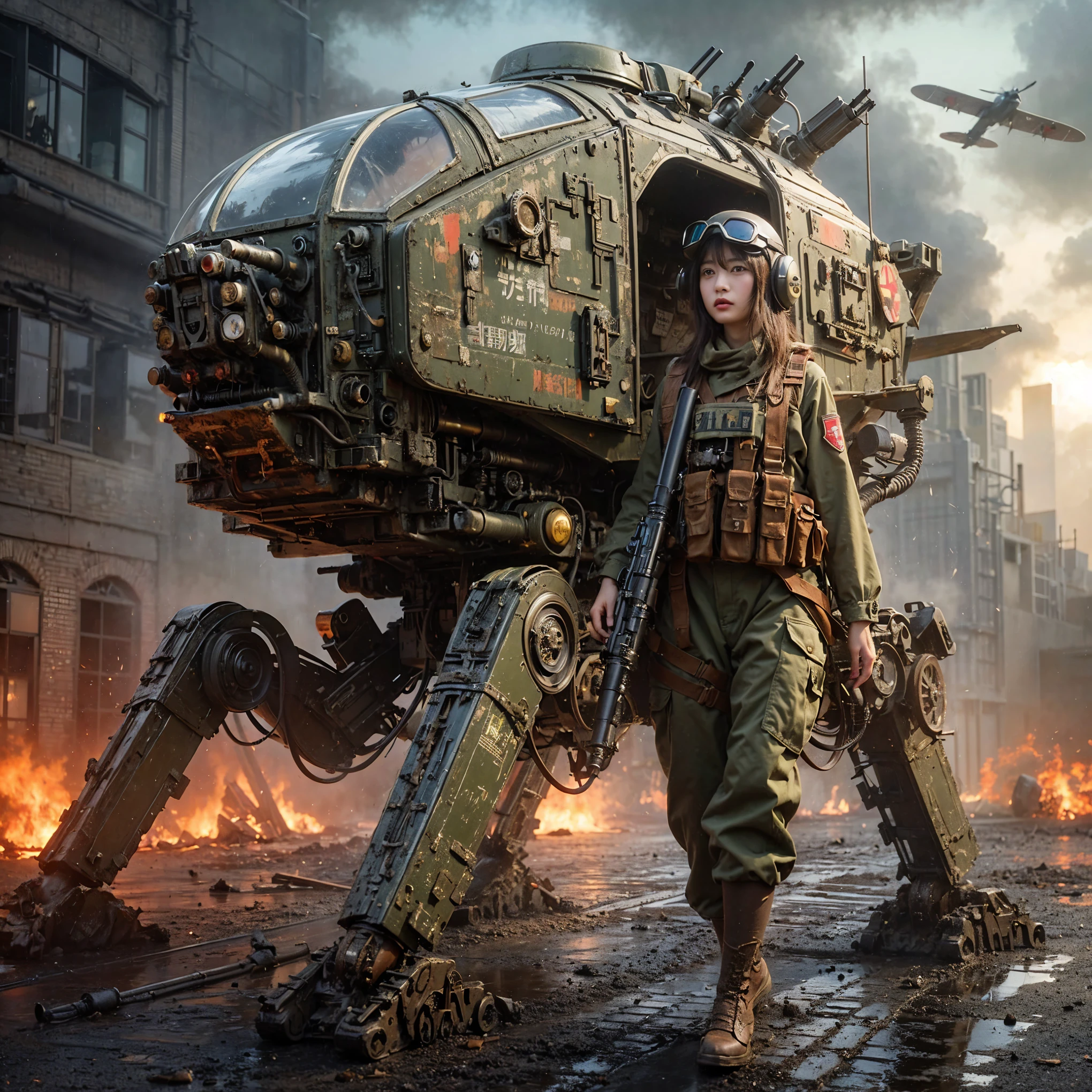 A fictional WWII Japanese female soldier piloting a humanoid weapon of the Imperial Japanese Army、Beautiful Face、Torn trousers、dirty clothes、Very intricate details、Olive drab paint、Peeling paint、Weathering、Trench Warfare Background、Photorealistic、taken with Fuji film X-T30+Nokton. HDR10