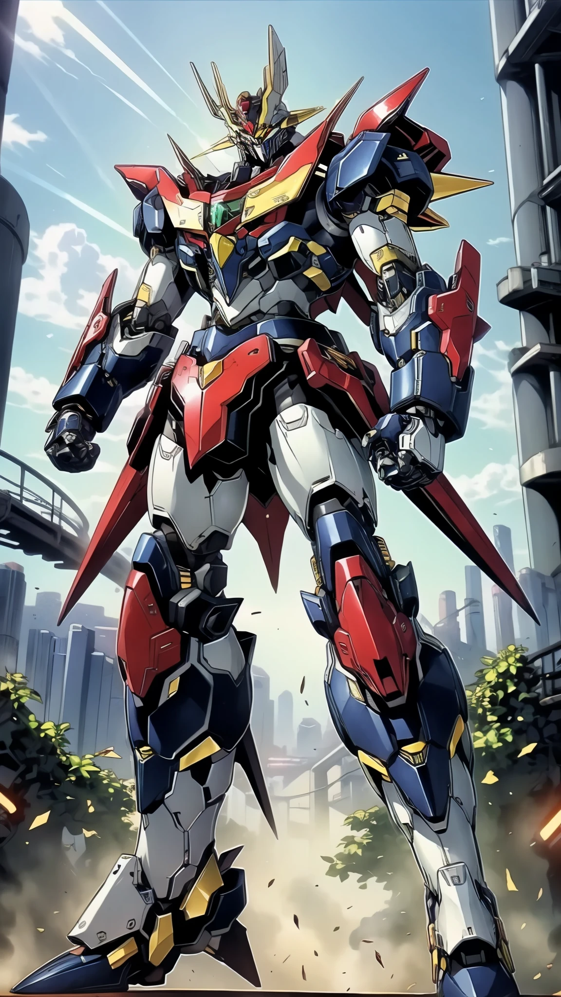 Humanoid Mecha, fully enclosed shoulder guards, matching arm and leg guards, full body, full armor, the design balances heavy with agility, (the color scheme is primarily white with red and blue accents, the concept Inspired by Mazinger Z, organic biotech armor, standing, floating high above the futuristic sci-fi city), exquisite and mature art style, (aura effect, energy, glowing eyes, the armor glows), Super robot, ((SRS)), metallic, dynamic, dramatic, high definition, best quality, highres, ultra-detailed, ultra-fine painting, extremely delicate, professional, perfect body proportions, anatomically correct, symmetrical face, extremely detailed eyes and face, high quality eyes, creativity, RAW photo, UHD, 32k, Natural light, cinematic lighting, masterpiece-anatomy-perfect, masterpiece:1.5