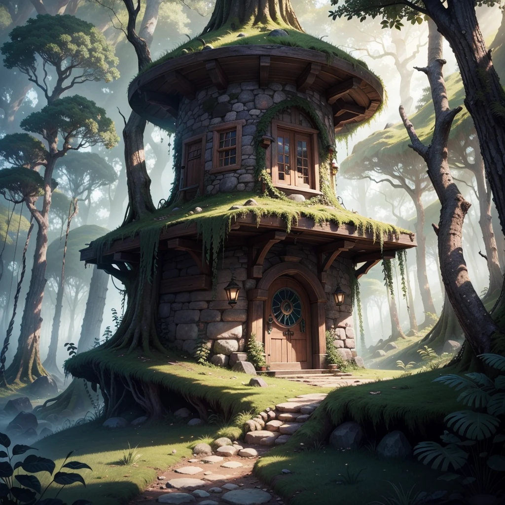 there is a stone structure in the woods with trees and rocks, witch hut, built into trees and stone, overgrown stone cave, overgrown cave, ancient forest like fanal forest, magic stone portal in the forest, ancient ruins in the forest, elves house, hobbit hole, covered with vegetation, ancient overgrown ruins, forest portal, secret overgrown temple