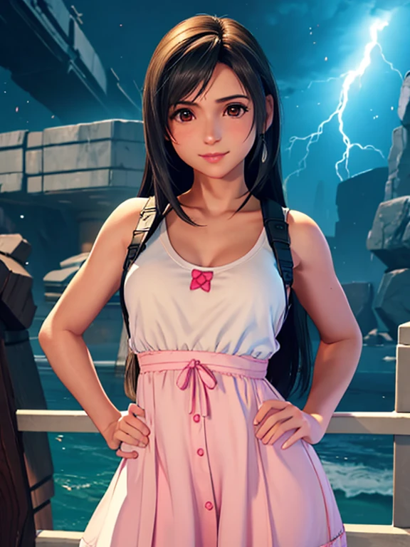 (obra maestra), (Alta calidad), (realista 1.5), (2 chicas),  1 girl, aerith winsborough vistiendo una blusa blanca sin mangas y una falda negra.1 girl, Tifa Lockhart wearing vistiendo una blusa blanca sin mangas y una falda negra ,pechos medianos, pose sexy, sonrisa malvada, soft lightning, mirando al espectador, manteniendo contacto visual, manos precisas