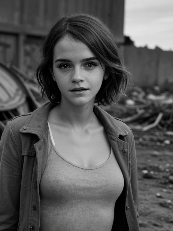 Emma Watson, Photorealistic, masterpiece grayscale photo, woman with messy hair and poor minuscule postapocalyptic clothes, cute sexy, (detailed wastelands background), ultra sharp focus, detailed face, (((posing))), random hair color, short hair, beautiful eyes, full body, high quality black and white image