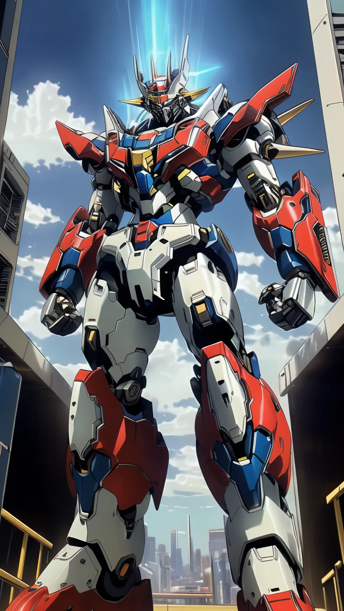 Humanoid Mecha, fully enclosed shoulder guards, matching arm and leg guards, full body, full armor, the design balances heavy with agility, (the color scheme is primarily white with red and blue accents, the concept Inspired by Mazinger Z, organic biotech armor, standing, floating high above the futuristic sci-fi city), exquisite and mature art style, (aura effect, energy, glowing eyes, the armor glows), Super robot, ((SRS)), metallic, dynamic, dramatic, high definition, best quality, highres, ultra-detailed, ultra-fine painting, extremely delicate, professional, perfect body proportions, anatomically correct, symmetrical face, extremely detailed eyes and face, high quality eyes, creativity, RAW photo, UHD, 32k, Natural light, cinematic lighting, masterpiece-anatomy-perfect, masterpiece:1.5