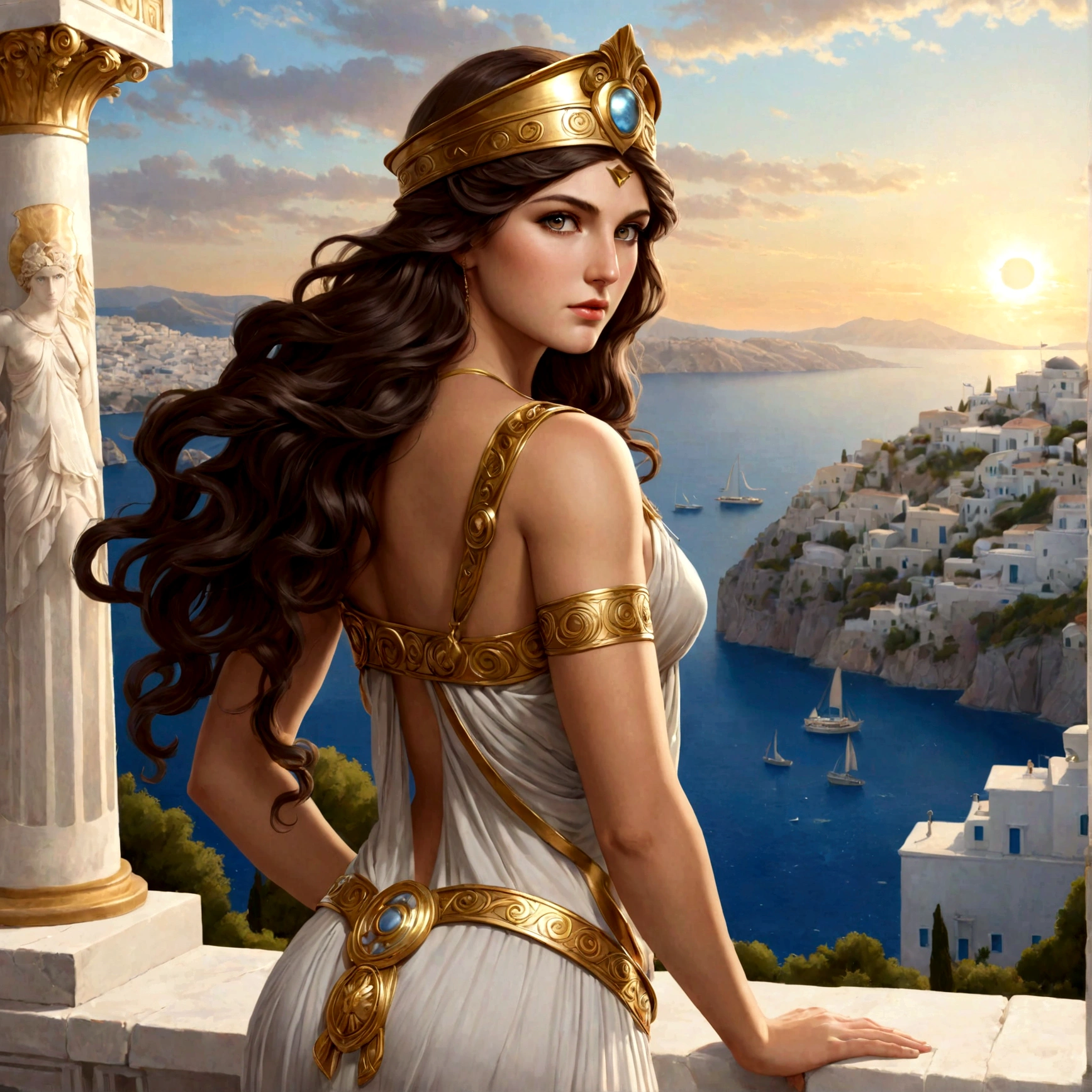 Greek Goddess Athena, long brown hair, gray eyes, nice ass. 