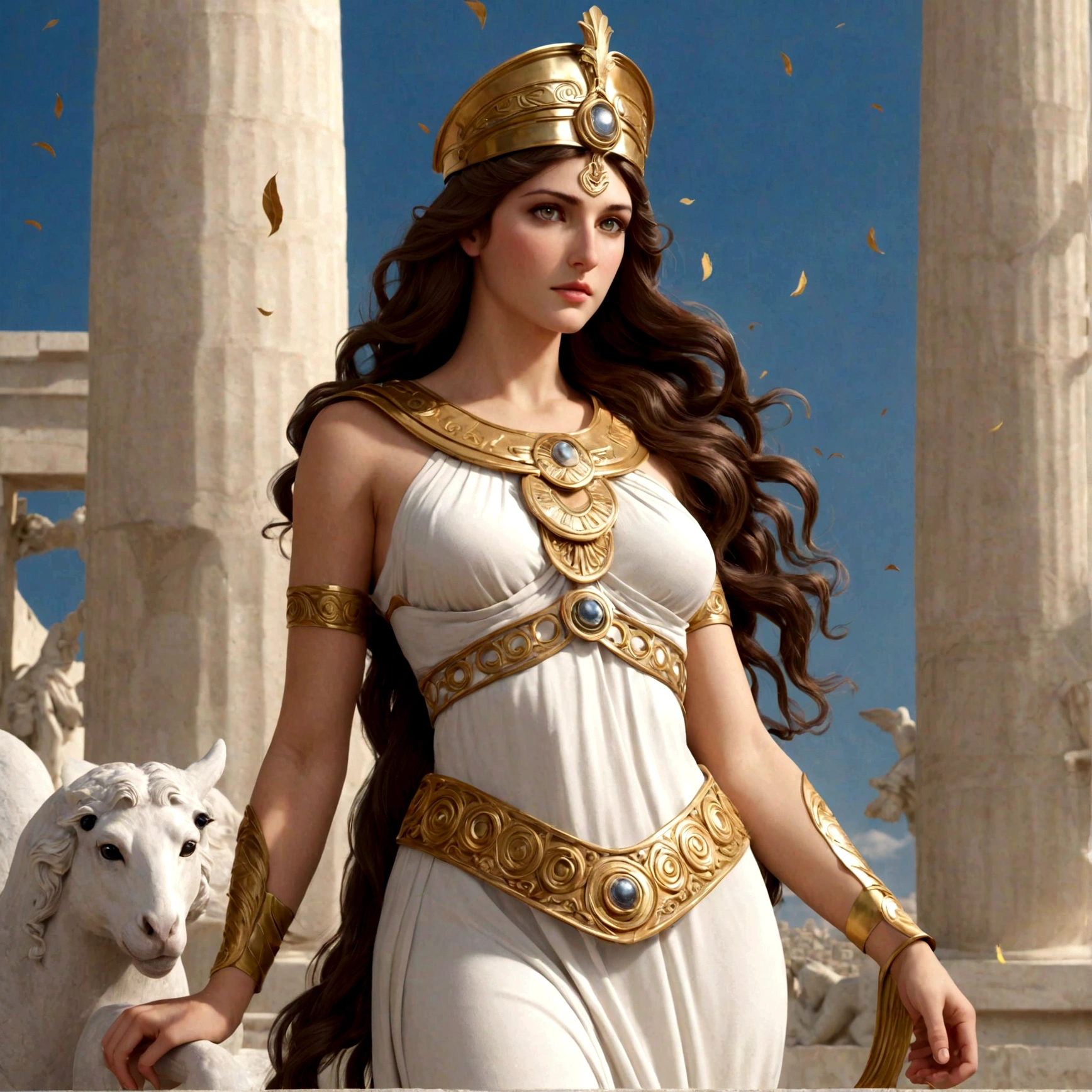Greek Goddess Athena, long brown hair, gray eyes, nice ass.