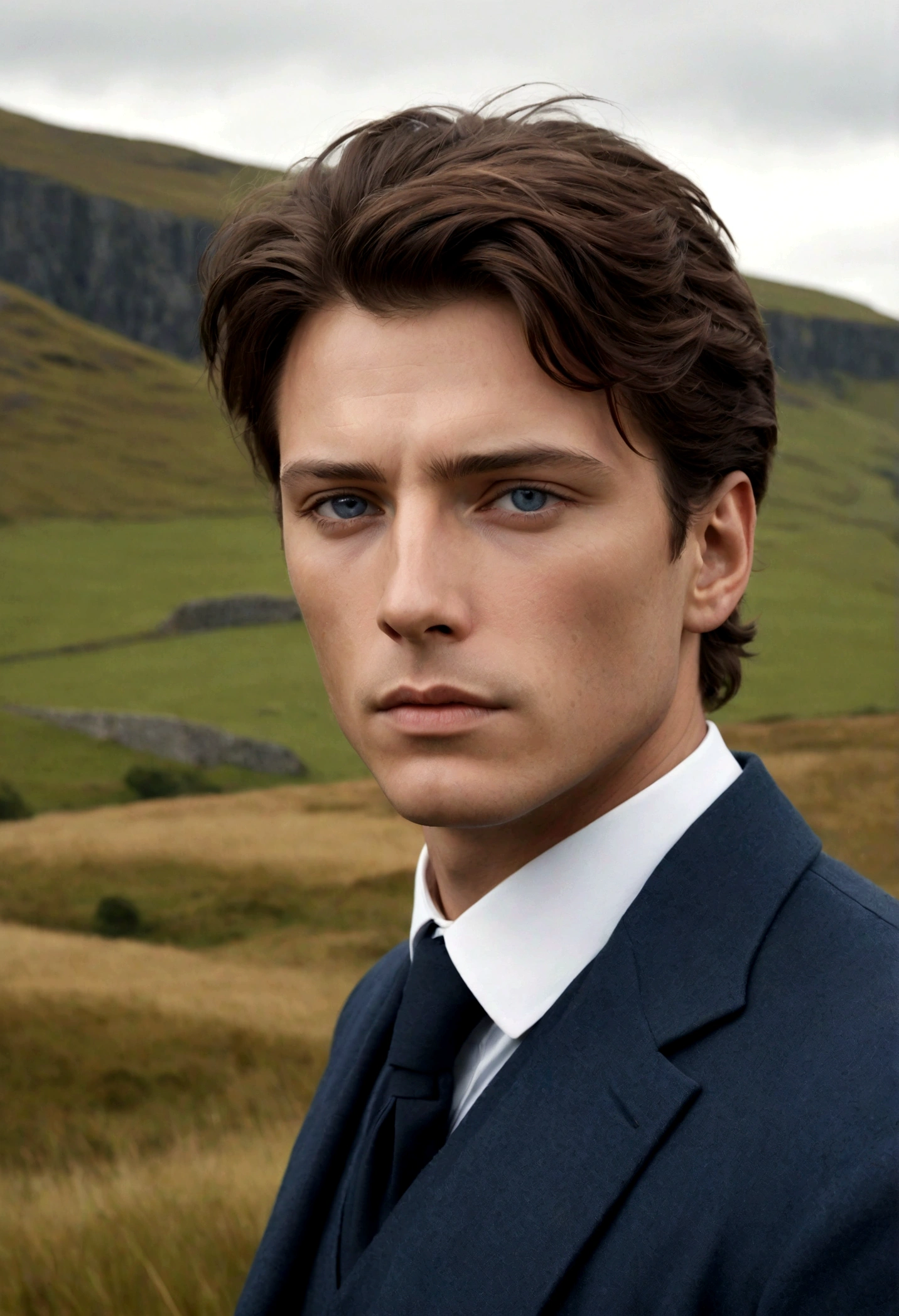 Ultra-realistic portrait of a man in a Scottish field, dressed impeccably for the camera, with facial toner applied and white ointment under his lower eyelids. He has a masculine, European appearance, styled in the artistic manner of Daria Endresen and Kris Knight. The scene features Scottish landscapes with rolling hills and rugged cliffs, in a palette of light navy blue and dark brown, echoing the elegance of Georg Jensen design. The image focuses on intense close-ups, capturing every detail in high resolution with a matte photo finish, f2, 35mm lens –ar 132:161 –s 750 –v 5.2