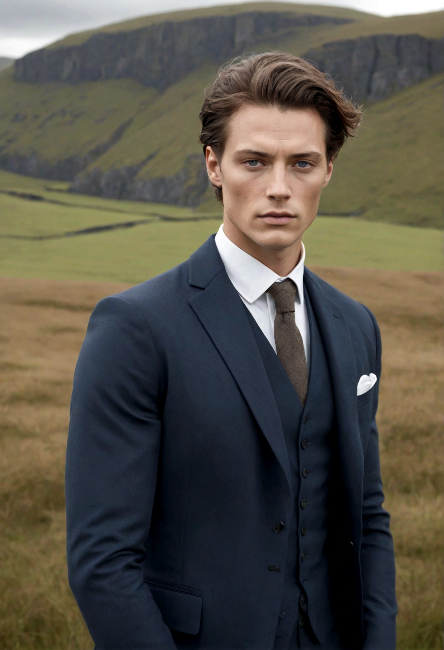 Ultra-realistic portrait of a man in a Scottish field, dressed impeccably for the camera, with facial toner applied and white ointment under his lower eyelids. He has a masculine, European appearance, styled in the artistic manner of Daria Endresen and Kris Knight. The scene features Scottish landscapes with rolling hills and rugged cliffs, in a palette of light navy blue and dark brown, echoing the elegance of Georg Jensen design. The image focuses on intense close-ups, capturing every detail in high resolution with a matte photo finish, f2, 35mm lens –ar 132:161 –s 750 –v 5.2