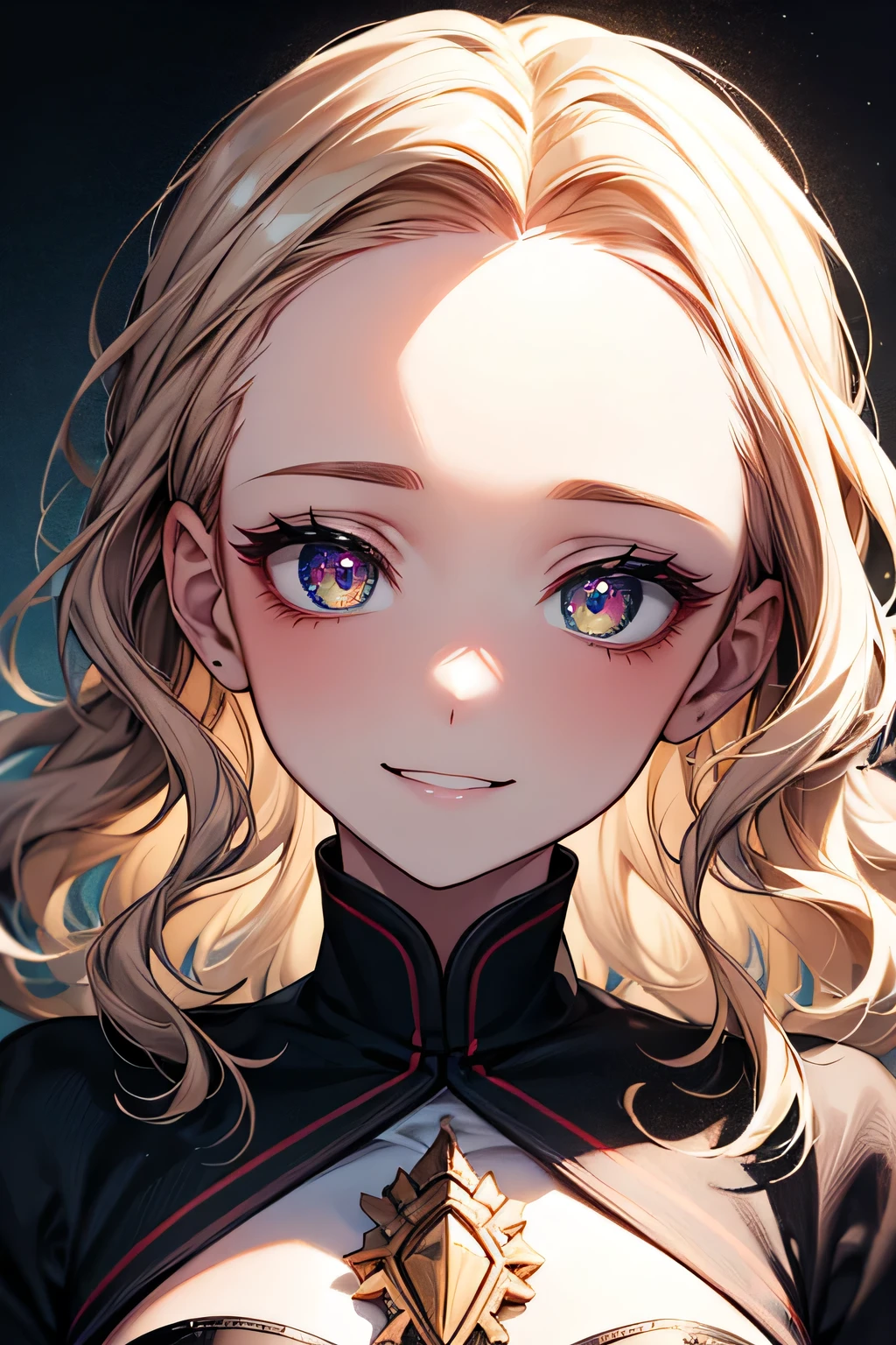 face up, portrait, Best quality, super great, 16K, incredibly absurd, extremely detailed, 2.5D, gentle and dynamic, beautiful woman, brilliant iridescent pupils, empty eyes, messy wavy short ivory hair, forehead, captivating look, excited expression, happy, smile, Shy, great effects, background destruction