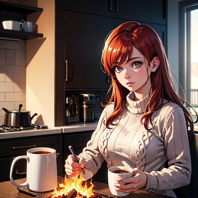 close, Portraiture, Leanna Decker, ((Wear a sweater)), internal, Portraiture, kitchen, Have a coffee mug, Winter Fire, Open your eyes, highest quality, Upper Body, By Lee Jeffries Nikon d850 film stock photos 4 Kodak 400 camera f1.6 Lenses、Rich colors、Ultra-realistic and realistic texture、Natural lighting、Unreal Engine、Cinestill 800, a hot topic on Artstation, (100mm lens), Long Hair,, Redhead