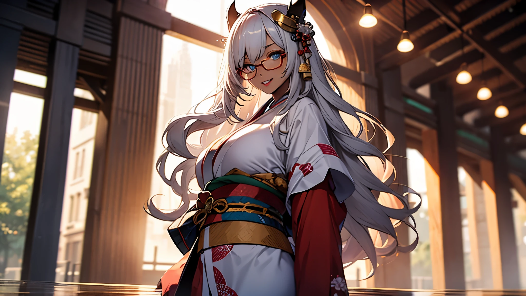 (1girl:1.3), Masterpiece, Best quality, amazing beauty, [[3D]], 4K, absurdres, finely detail, super detailed eye, perfect , official art, cinematic lighting, BREAK, garden, silky long hair, silky wavy hair, gold hair, super shiny detailed blue eyes, big eyes, watery eyes, cute eyes, thin eyebrow, Looking Over, open-mouth, plump lips, wide smile, mascara, rouge, Eyeshadow, red lips, red round cell frame glasses, piercing, Excited, BREAK , , tall, slender, black skin, gloss skin, singing, cowboy shot, dutch angle, BREAK , , BREAK,(Glasses),(twelve-layered ceremonial kimono:1.3)