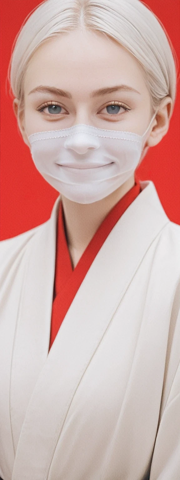 score_9, score_8_up, score_7_up, BREAK,
 1girl, white hair, short hair, white eyes, mouth mask, looking at viewer, white kimono, red background, film grain, cowboy shot sinozick style
