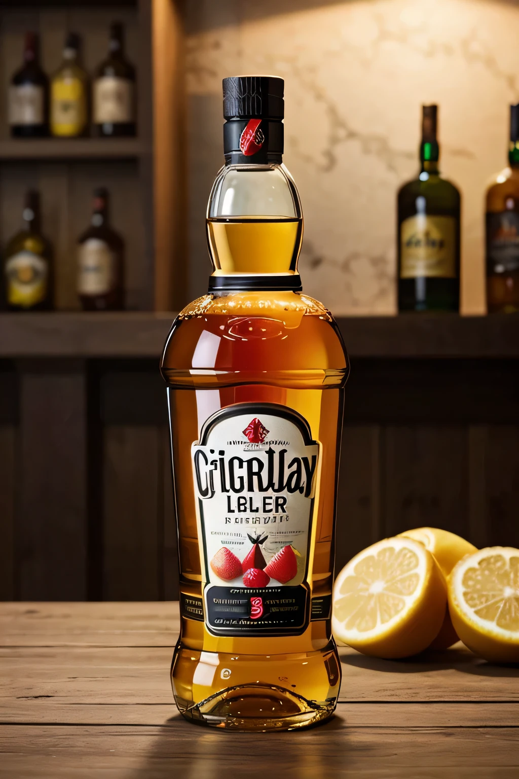 crea una imagen de una botella de licor de 750 ml con el nombre del licor crazy fruits 