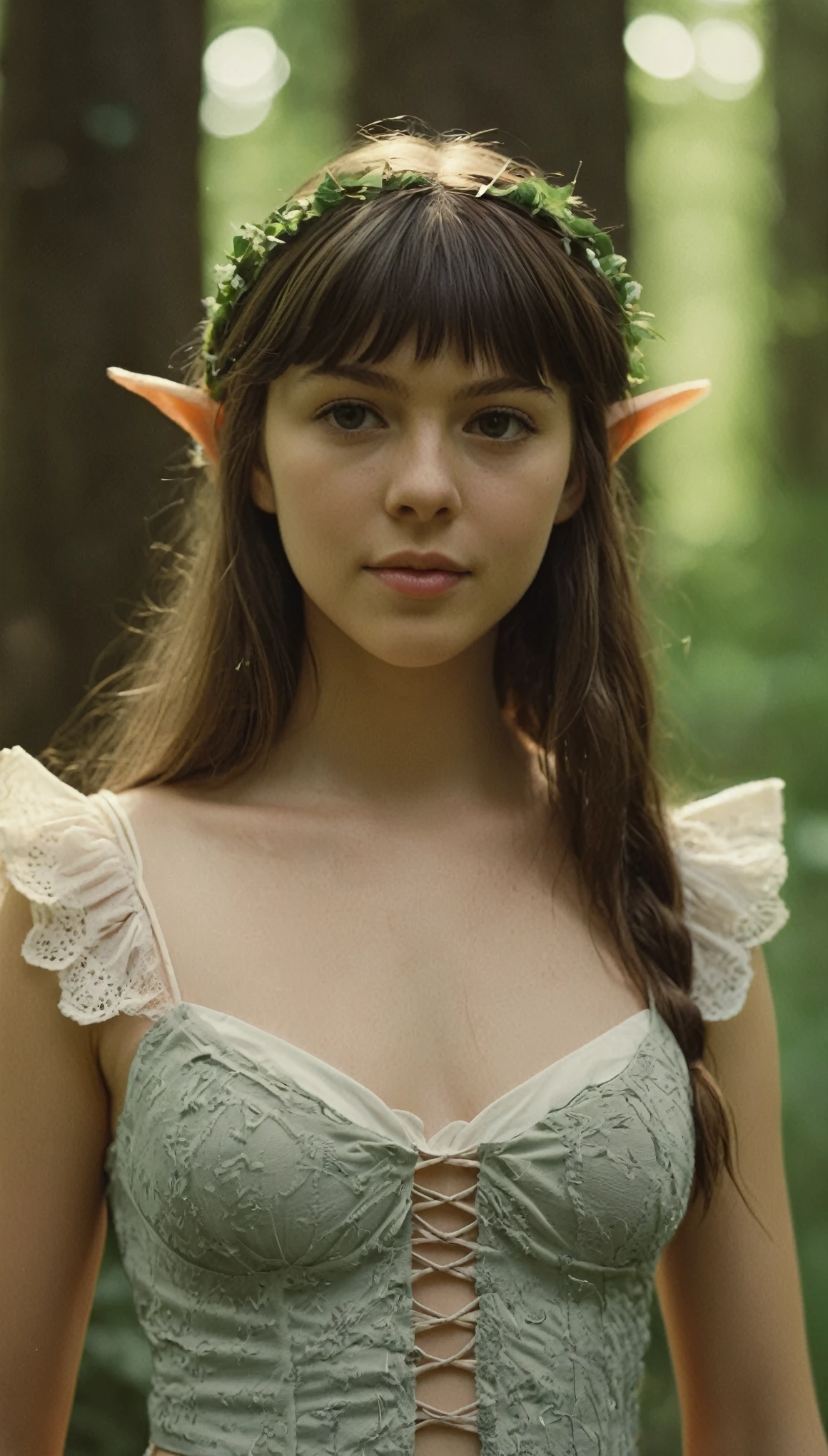 analog film photo, photo of a young elf girl, 18 years-old, elf, elf ears, long pointy ears, brown eyes, light-brown sun-tanned skin, goosebumps, pretty, natural beauty, resembles a young Mary Elizabeth Winstead, wearing a cotton bralette, posing in a mystic forest, RAW Photograph, dslr, soft lighting, high quality, film grain, Fujifilm XT3, detailed skin with visible pores, insane details, masterpiece, 8k, 35mm photograph, dslr, kodachrome, faded film, desaturated, grainy, vintage, Kodachrome, Lomography, stained, highly detailed, found footage, close-up shot, elven ears