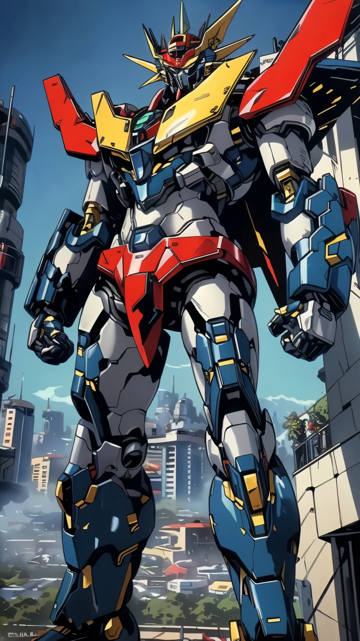 Humanoid Mecha, fully enclosed shoulder guards, matching arm and leg guards, full body, full armor, the design balances heavy with agility, (the color scheme is primarily white with red and blue accents, the concept Inspired by Mazinger Z, organic biotech armor, standing, floating high above the futuristic sci-fi city), exquisite and mature art style, (aura effect, energy, glowing eyes, the armor glows), Super robot, ((SRS)), metallic, dynamic, dramatic, high definition, best quality, highres, ultra-detailed, ultra-fine painting, extremely delicate, professional, perfect body proportions, anatomically correct, symmetrical face, extremely detailed eyes and face, high quality eyes, creativity, RAW photo, UHD, 32k, Natural light, cinematic lighting, masterpiece-anatomy-perfect, masterpiece:1.5