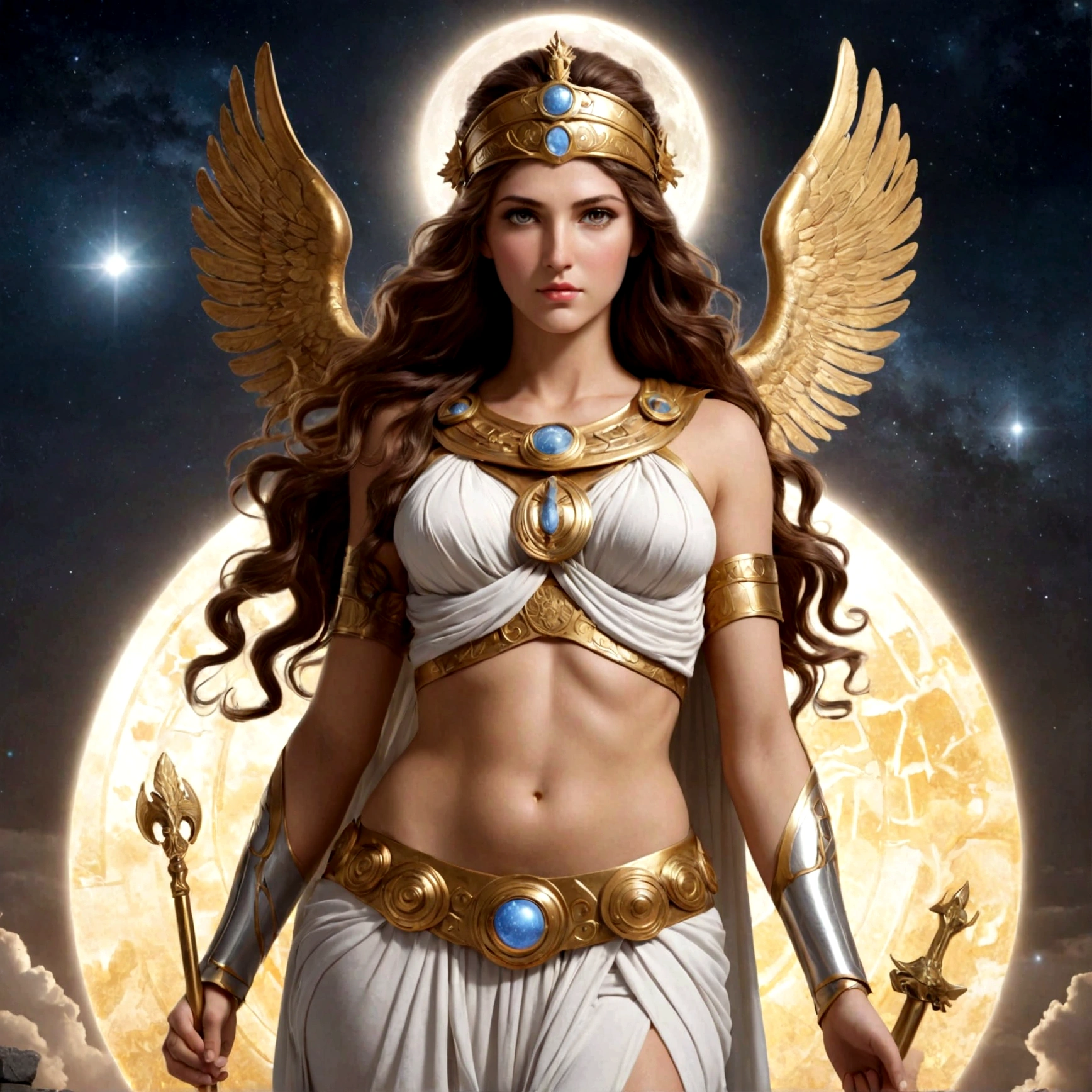 Greek Goddess Athena, long brown hair, gray eyes. She is showing her nice ass. 