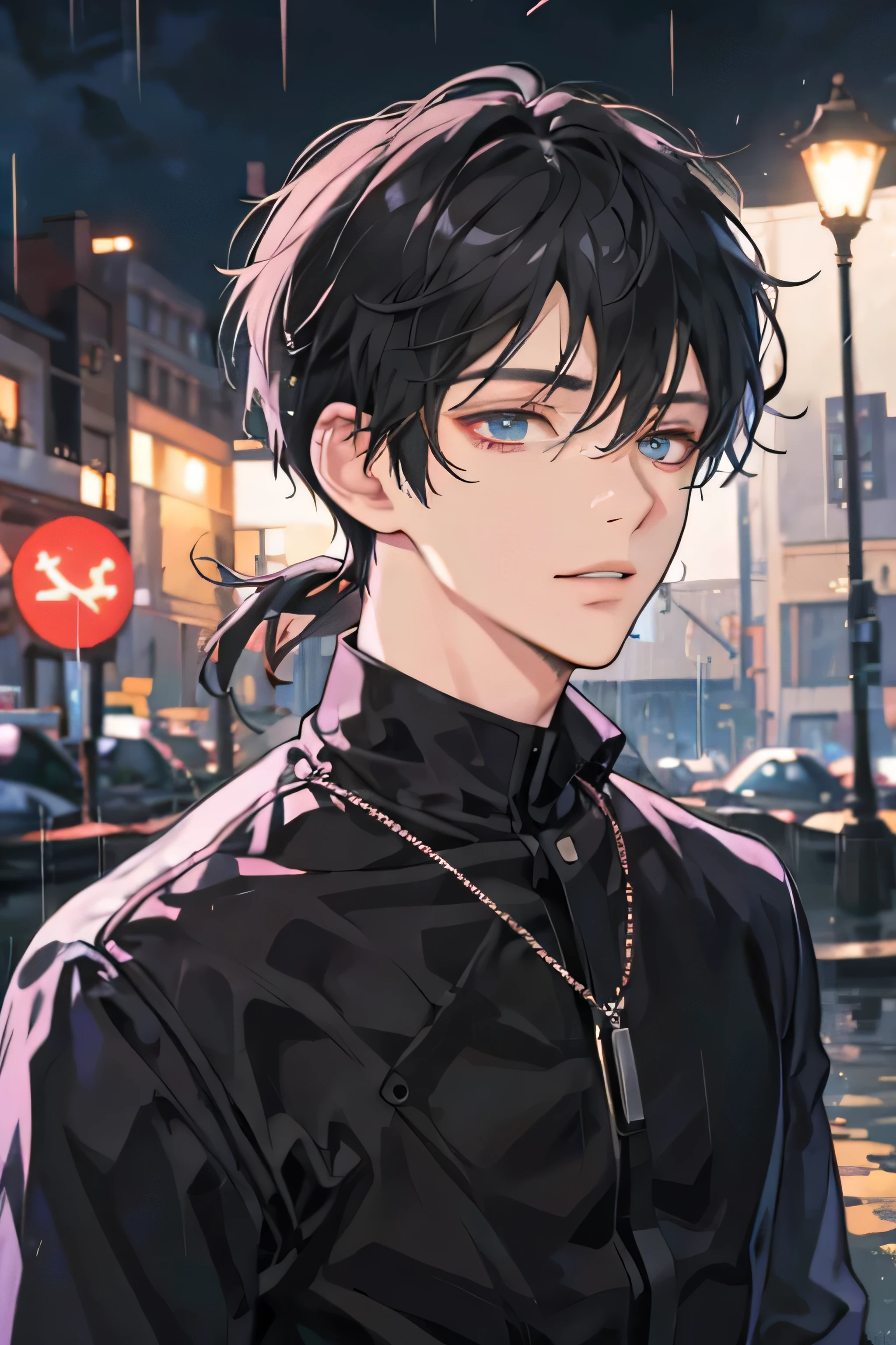 Chico hombre en anime cabello negro corto bajo la lluvia y de noche y con cadenas