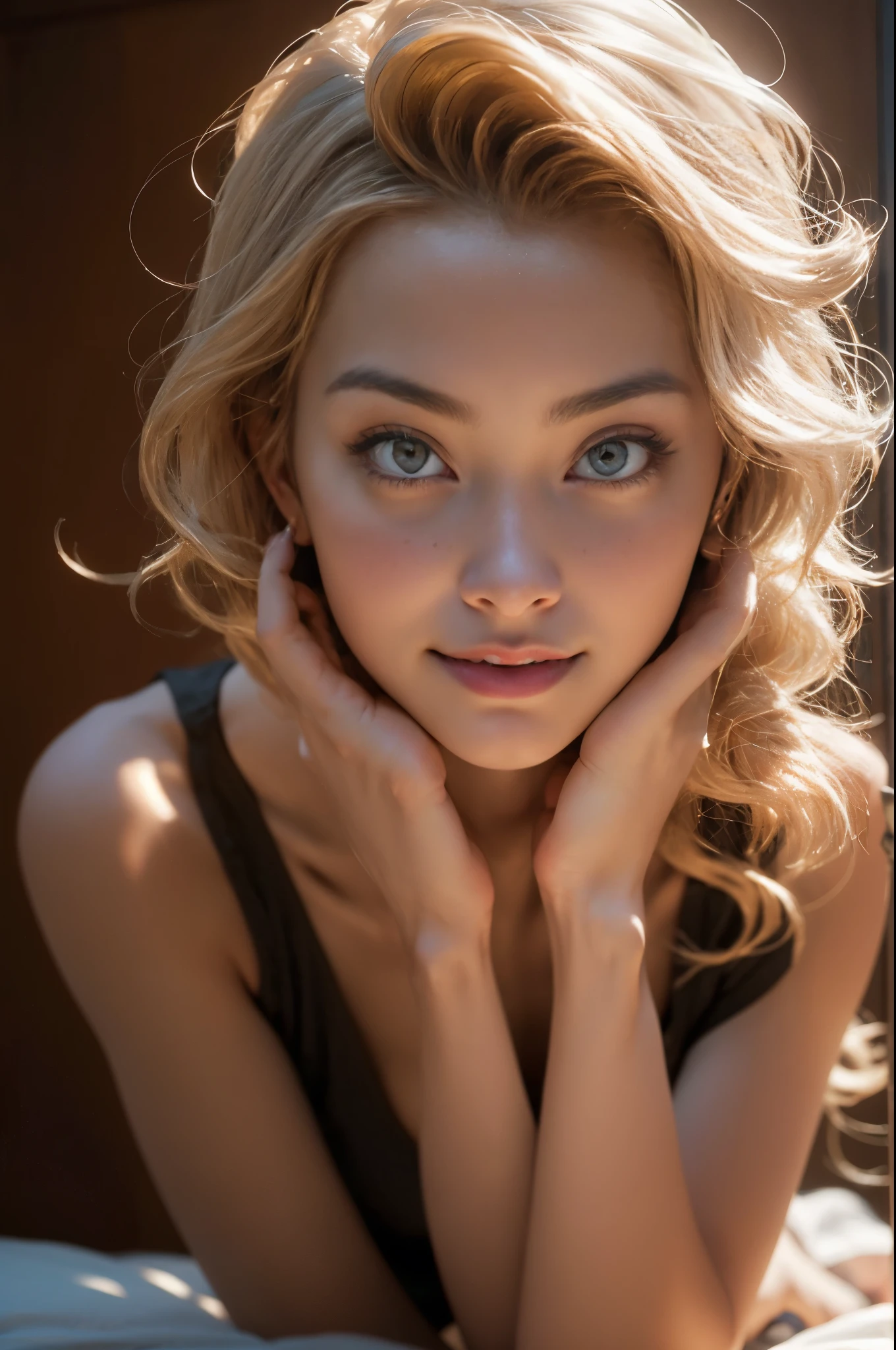 melancholy lighting, Quiet, chill out, luminance, tmasterpiece, Best quality, 1 sister, (Kim Kroll:1.2), (hyper realisitc:1.3), (tmasterpiece:1.4), Best quality, ((actual)), high high quality, ultra - detailed, ((Authentic images)), ((Realistic skin)), ((Realistic face)),(illuminations:1.05), (The beautiful:1.05), (The beautiful eyes:1.05), (light:1.1), Full body lesbian, Precise proportions, 18yo Girl, Thin model lying next to bed, SHORT BLONDE hair fluttering in the wind, gossamer, legs long, Open your feet slightly, Gluteus, The face is red, Very shy, clavicle, Abs, Double up braid, Beautiful and delicate face, Fair skin, dermiace details), pores, Ultra-high resolution, 8K, Parameters Best quality, tmasterpiece, Ultra-high resolution, (Reality 2.0), higher detailed, delicate skin, cleanness, Hefty Smile, white teeth, short blonde curly hair, perfect and well designed eyes, girlfriend, The beautiful, The beautiful, blossom flower, Studio lighting