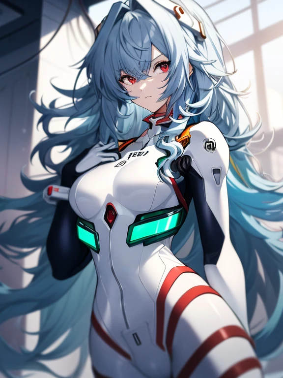 absurdres, best quality, 1girl, solo, looking at viewer, eye focus,  rei_evangelion, light blue hair, red eyes, long hair, absurdly long hair, kinky hair, curly hair, plugsuit, pilot suit, interface headset, white bodysuit, white pilot suit, white plugsuit, (messy hair:1), (expressionless:1)