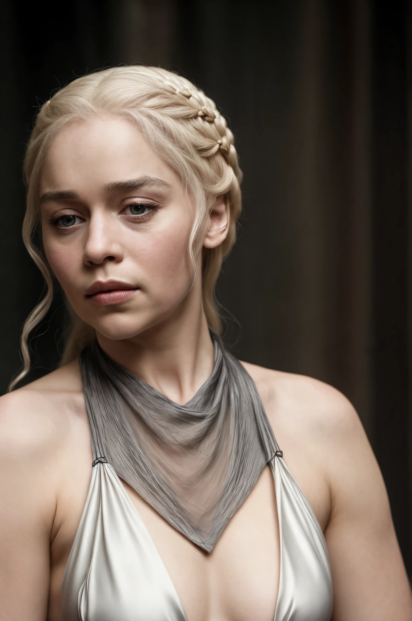 masterpiece, stunning portrait photo of khls woman, sleeveless, erotic costumes, sensual satin dress, game of thrones inspired costumes, 
  