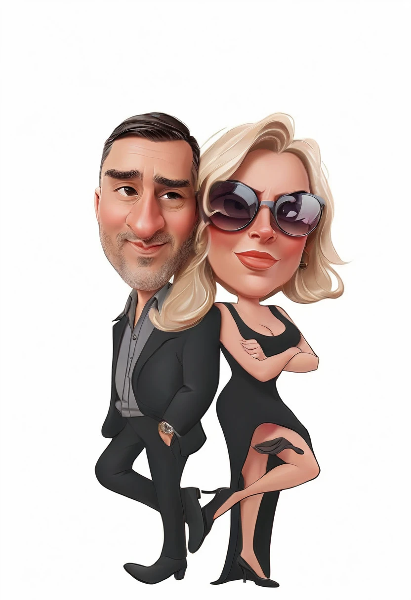 cartoon of a man and a woman in black clothes and sunglasses, caricatura style, caricatura illustration, em estilo cartoon, caricatura, caricatura, caricatura!!!, cartoon style illustration, retrato de casal, caricatura, retrato de desenho animado, colorful digital illustration, corpo inteiro ou retrato, retrato de alta qualidade, stylized digital illustration, por Carla Wyzgala, in digital illustration style