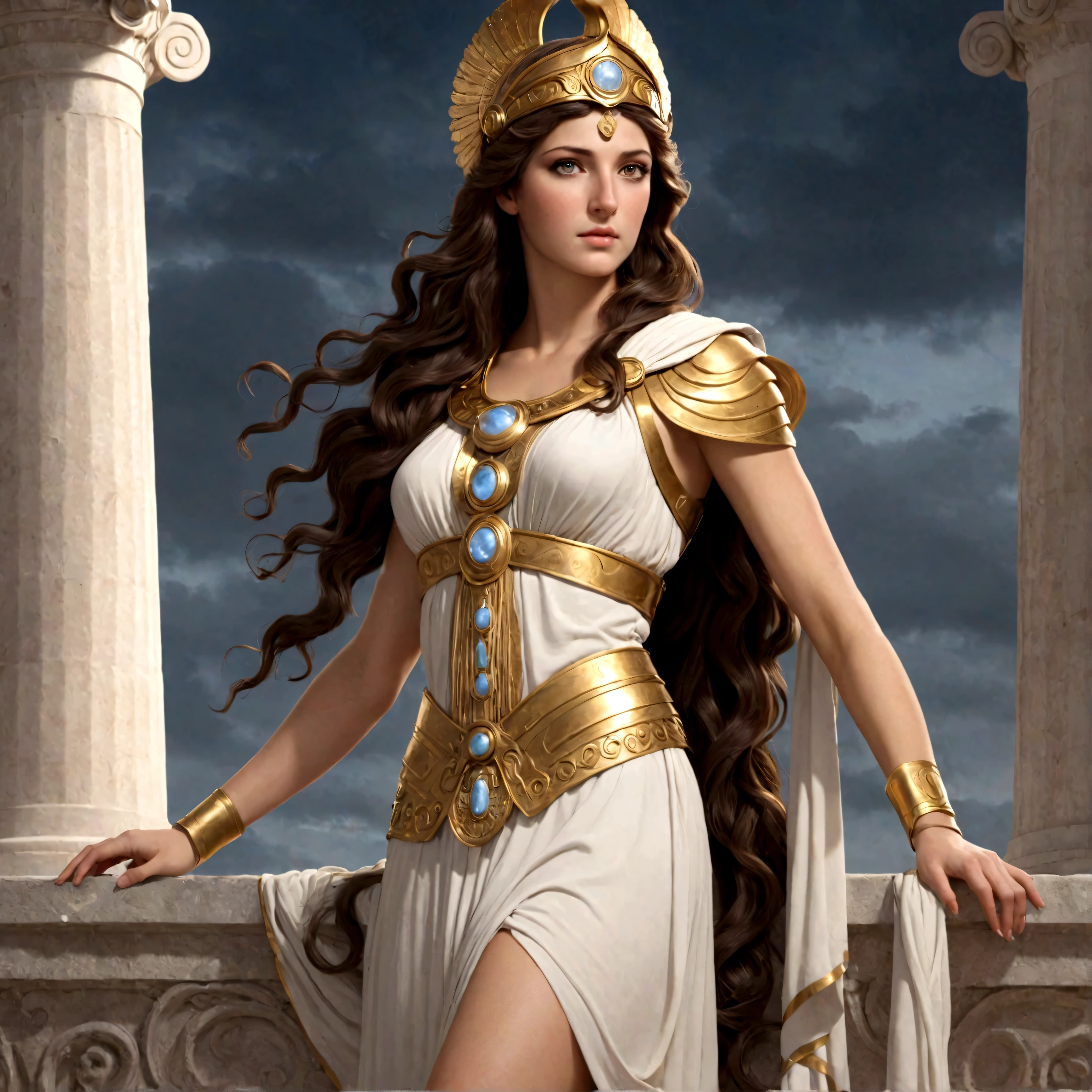 Greek Goddess Athena, long brown hair, gray eyes, nice ass.