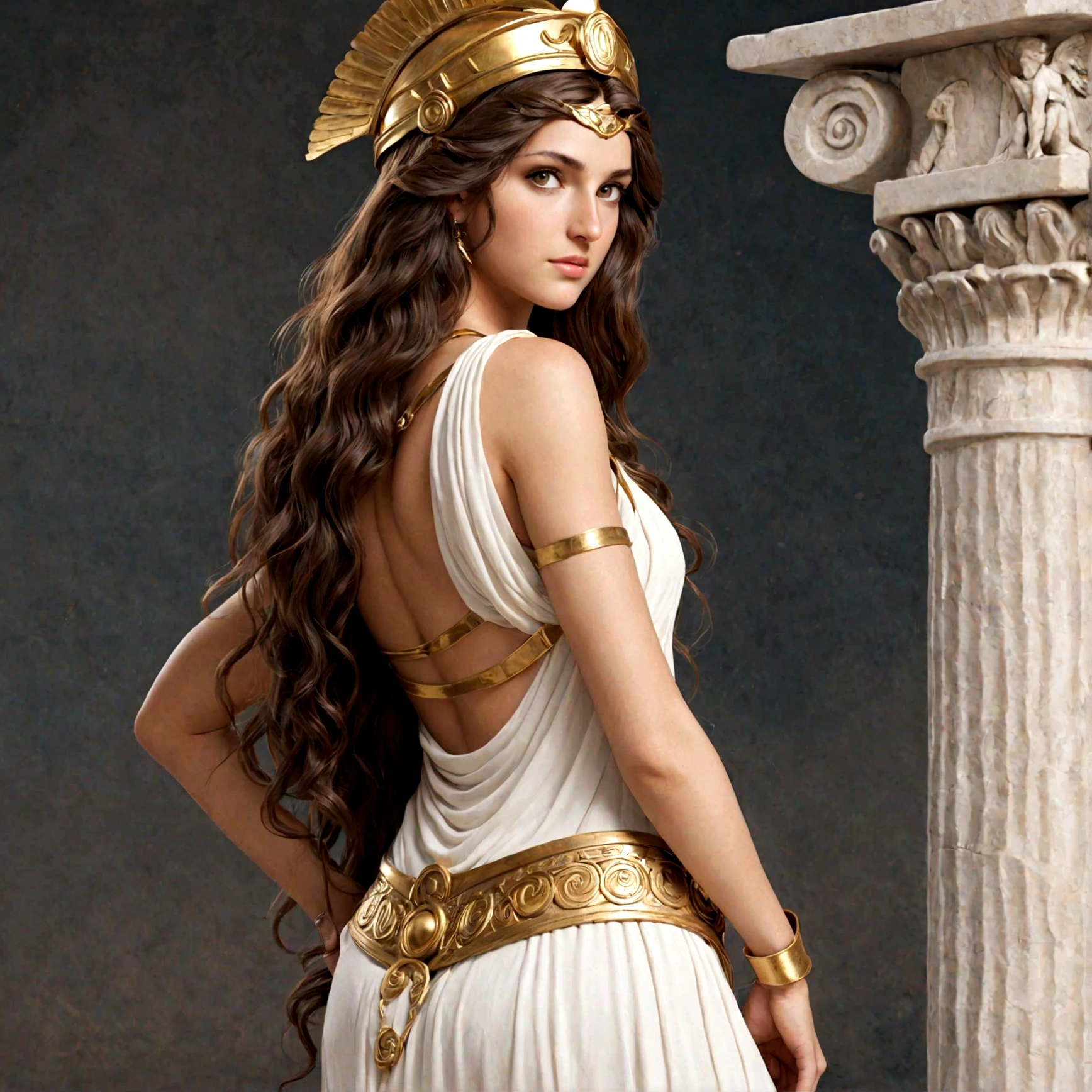 Greek Goddess Athena, long brown hair, gray eyes. She is showing her nice ass.