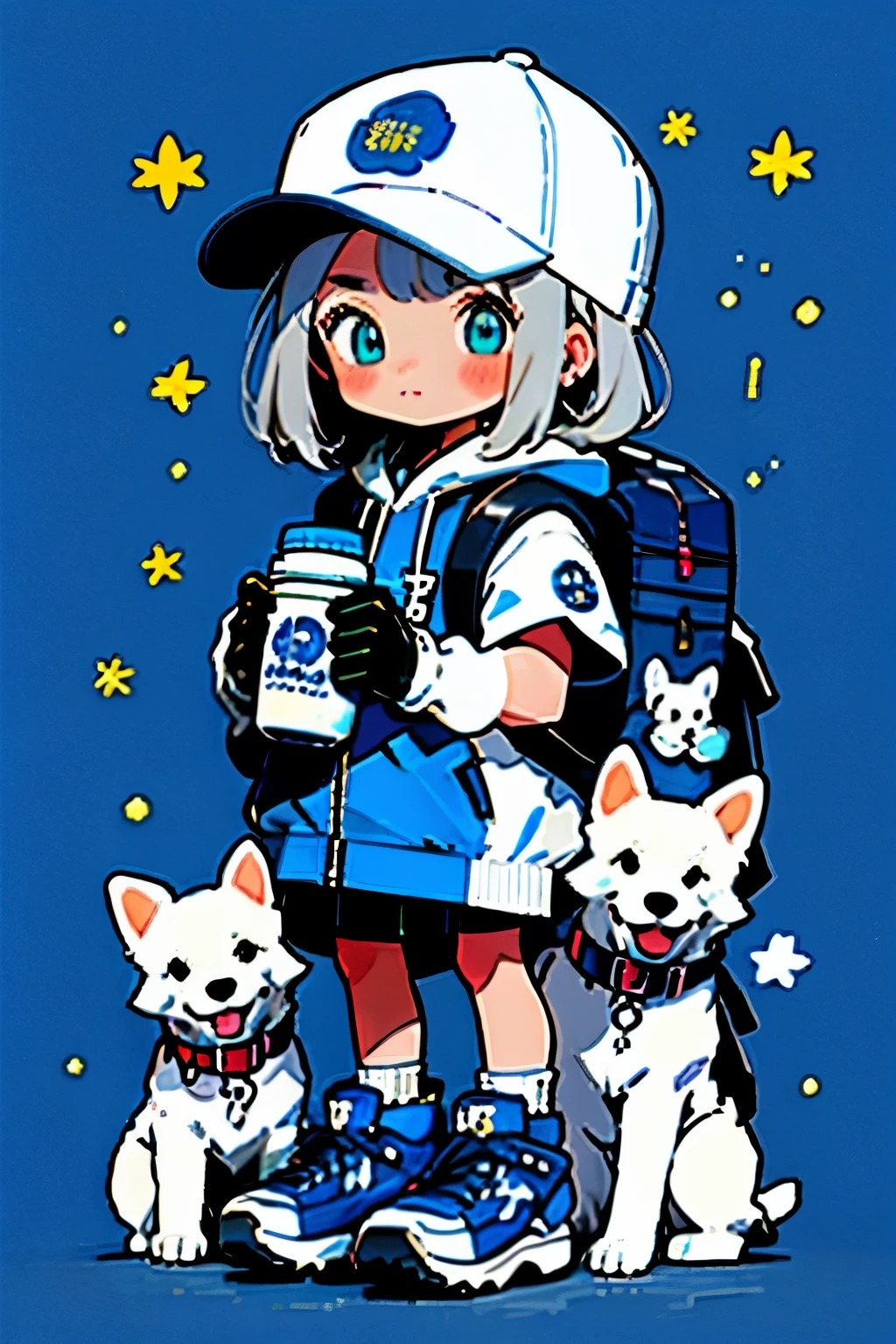 graffiti, 1girl, animal, animal collar, backpack, bag, baseball cap, beanie, bear, bell, blue background, blue eyes, blue headwear, blue jacket, blue sky, blush, bottle, calico, cat, closed mouth, clothed animal, cloud, collar, cow, cowbell, day, dog, drinking straw, gloves, hat, holding, holding leash, holding strap, hood, hood down, hoodie, jacket, keychain, leash, long sleeves, milk, milk bottle, neck bell, polar bear, pouch, red collar, shiba inu, shoes, sky, smile, star \(symbol\), star print, white cat, white headwear