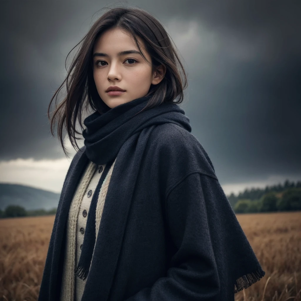 8k, best quality, masterpiece, realistic, ultra detail, photo realistic, Increase quality,
a photo of a girl standing in a field with a scarf, in the style of dark and brooding designer, voluminous mass, photobash, serene faces, jagged edges, navy, natural beauty, close-up shot