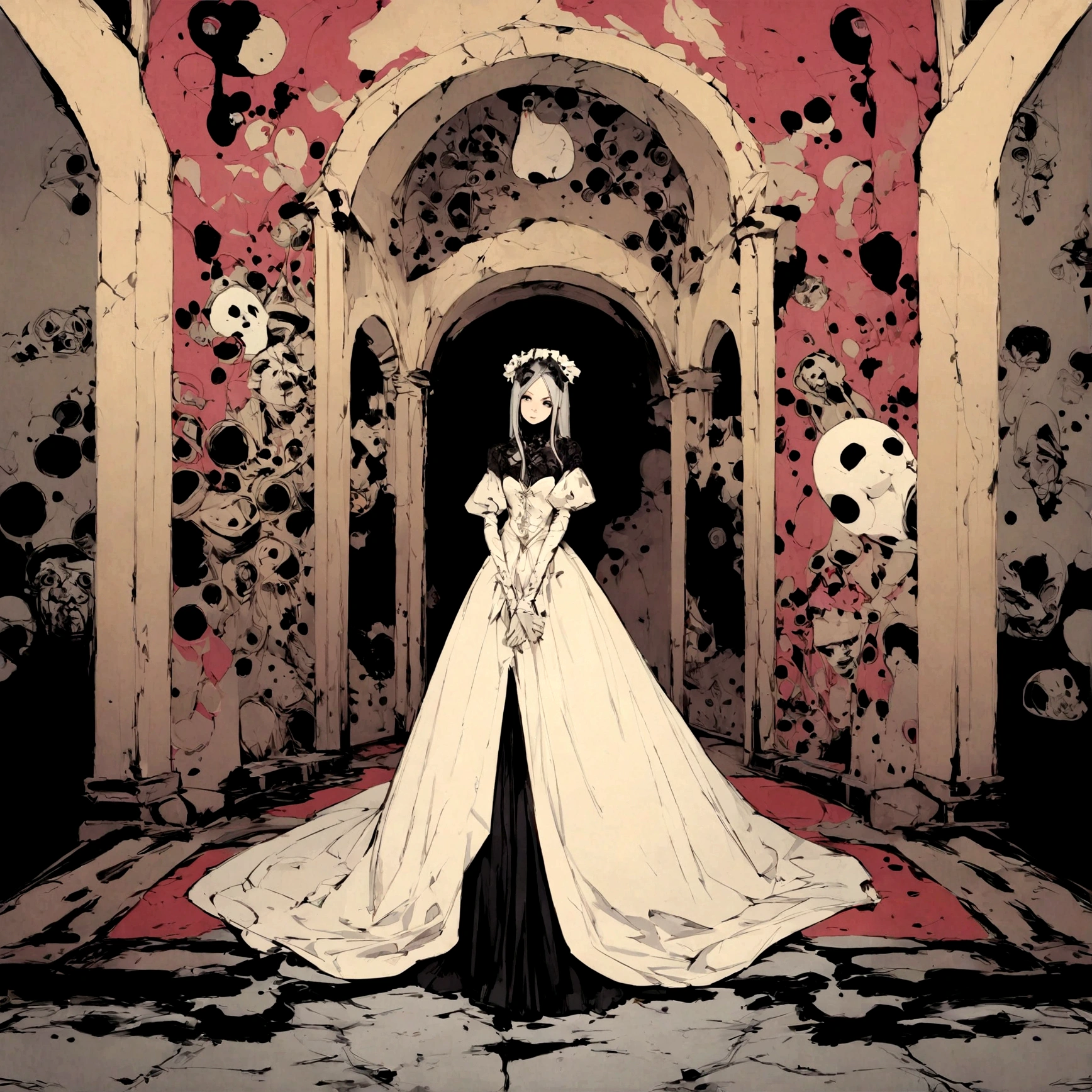 medium shot, Full dress, 1womanl, Solo, Walking through the Citadel, Looking at Viewer. Gothic. neo gothic. Splatter. In the style of Adrian Geny, by Esao Andrews, Jenny Saville, Edward Hopper, surrealism, Dark Art by James Jean, Takato Yamamoto, Minimalism of ink punk. in style of tim burton. In the style of the corpse bride.