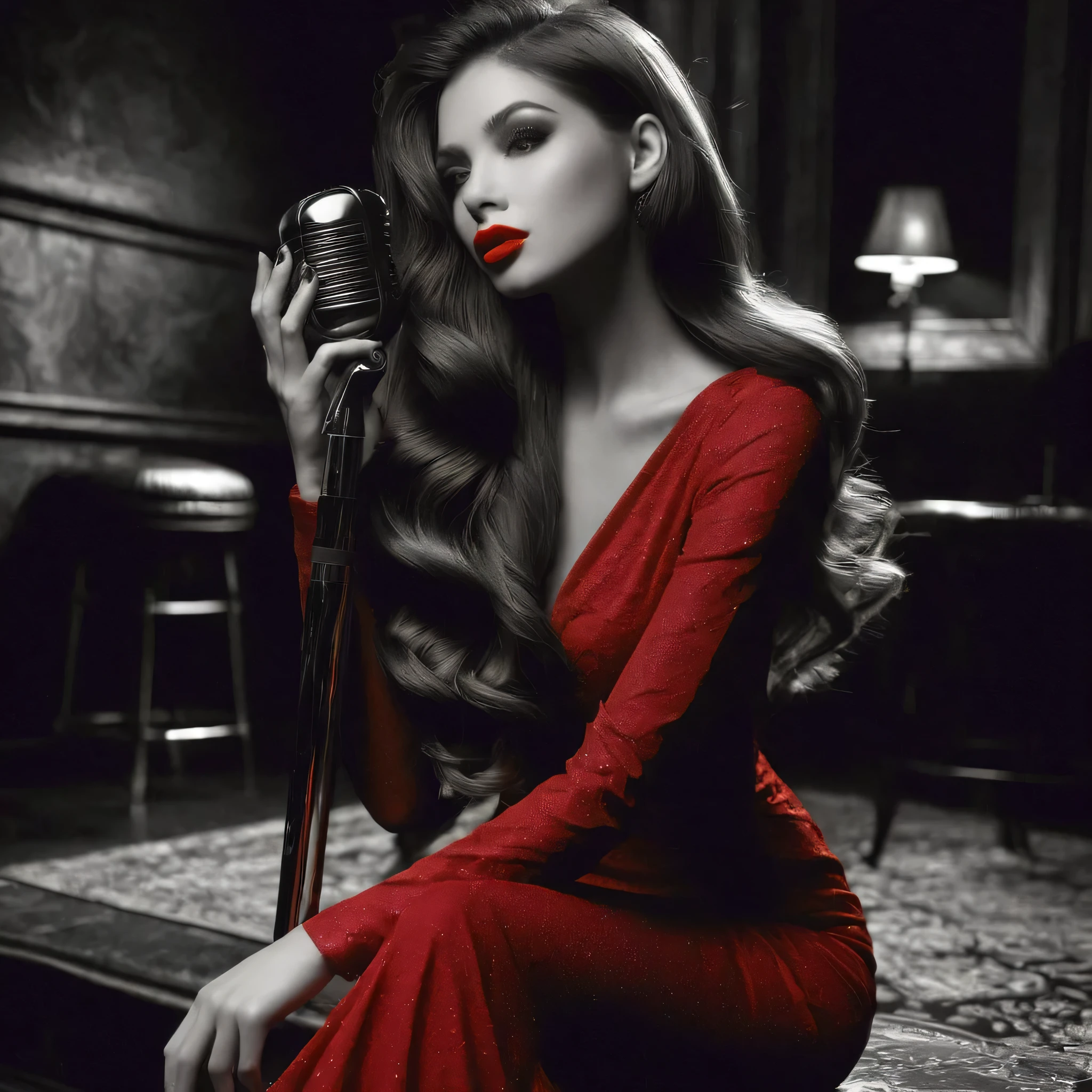 Melhorar a qualidade de detalhes ampliar profundidade aprimorar a cor do vestido vermelho e baton tambem vermelho nos labios dela, intensificar a iluminacao e detalhes do cabelo 