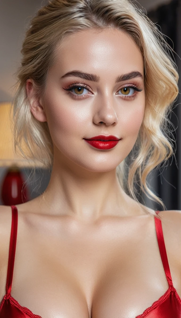 hyperrealistic beautiful busty 19-year-old woman with long legs wearing shiny red satin underwear, model shooting full body photography, bleached blonde very long straight updo hair, soaky wet skin, dark eye makeup with eyeliner, seductive smile, red lips, 8K, Best quality, Meisterwerk, ultra high resolution, (Realismus: 1.4), Originalfoto, (realistische Hautstruktur: 1.3), (Filmkorn: 1.3), (Selfie-Winkel), 1 girl, Beautiful round hazel eyes and facial details, Meisterwerk, Best quality, indoor photography, nsfw