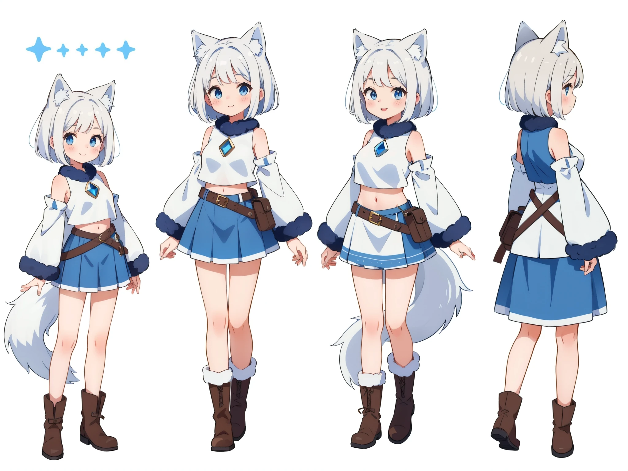 reference sheet, multiple poses with same character, 1woman, female, fantasy magical outfit, Scandinavian, cute bob-cut hair, white hair, blue eyes, short skimpy clothes, white and blue sleeveless top, keyhole in top exposing breasts, exposed bare stomach, white and blue skirt, brown belt brown winter boots topped with white fur, loose sleeves with golden cuff, blue gems, happy, really big fluffy white wolf tail