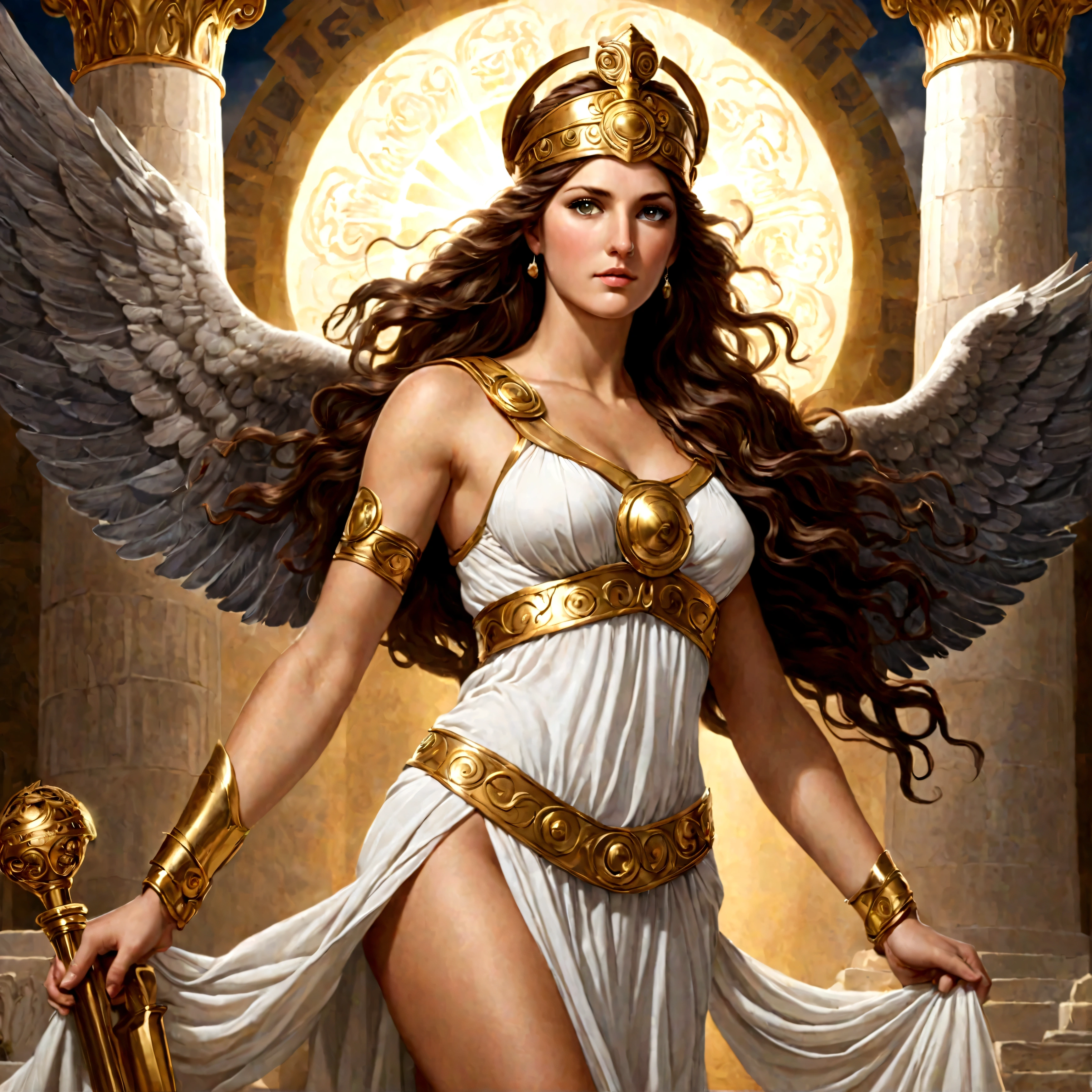 Greek Goddess Athena, long brown hair, gray eyes. She is showing her nice ass.