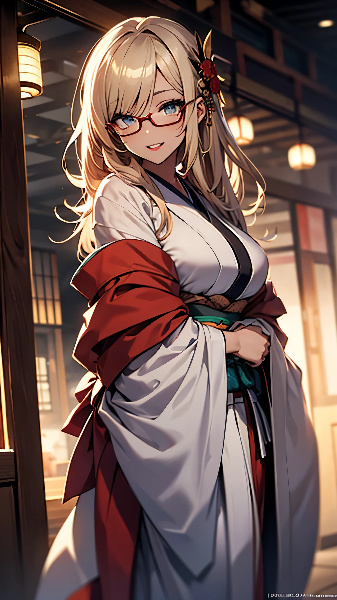 (1girl:1.3), Masterpiece, Best quality, amazing beauty, [[3D]], 4K, absurdres, finely detail, super detailed eye, perfect anatomy, official art, cinematic lighting, BREAK, garden, silky long hair, silky wavy hair, gold hair, super shiny detailed blue eyes, big eyes, watery eyes, cute eyes, thin eyebrow, Looking Over, open-mouth, plump lips, wide smile, mascara, rouge, Eyeshadow, red lips, red round cell frame glasses, piercing, Excited, BREAK , huge breasts, tall, slender, black skin, gloss skin, singing, cowboy shot, dutch angle, BREAK , , BREAK,(Glasses),(twelve-layered ceremonial kimono:1.3)