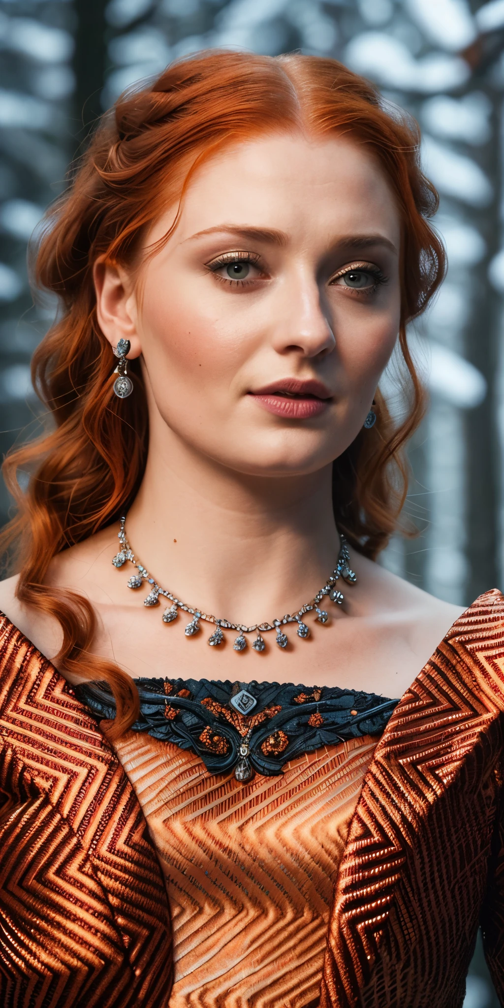 Face of Sophie Turner, Sansa Stark played by Sophie Turner, the de facto Lady of the Eyrie, is a 40-year-old mature queen with a stunning, alluring appearance. Full Face, Full figured woman, pierced eyes, reddish lips, upper body shot, erotic Mediaeval costumes, game of thrones costumes, She wears a Game of Thrones-inspired costume and has a deep cleavage, a perfect thick body, and a perfect thick figure. The photograph captures her in a close-up, with her skin texture and facial features being ultra-realistic and realistic. Juicy thick figure, high quality skin, Skin pores, amazing details, snow, snow flakes, semi realistic, extremely detailed eyes, dark moody orange and black settings, cool environment, artificial intelligence