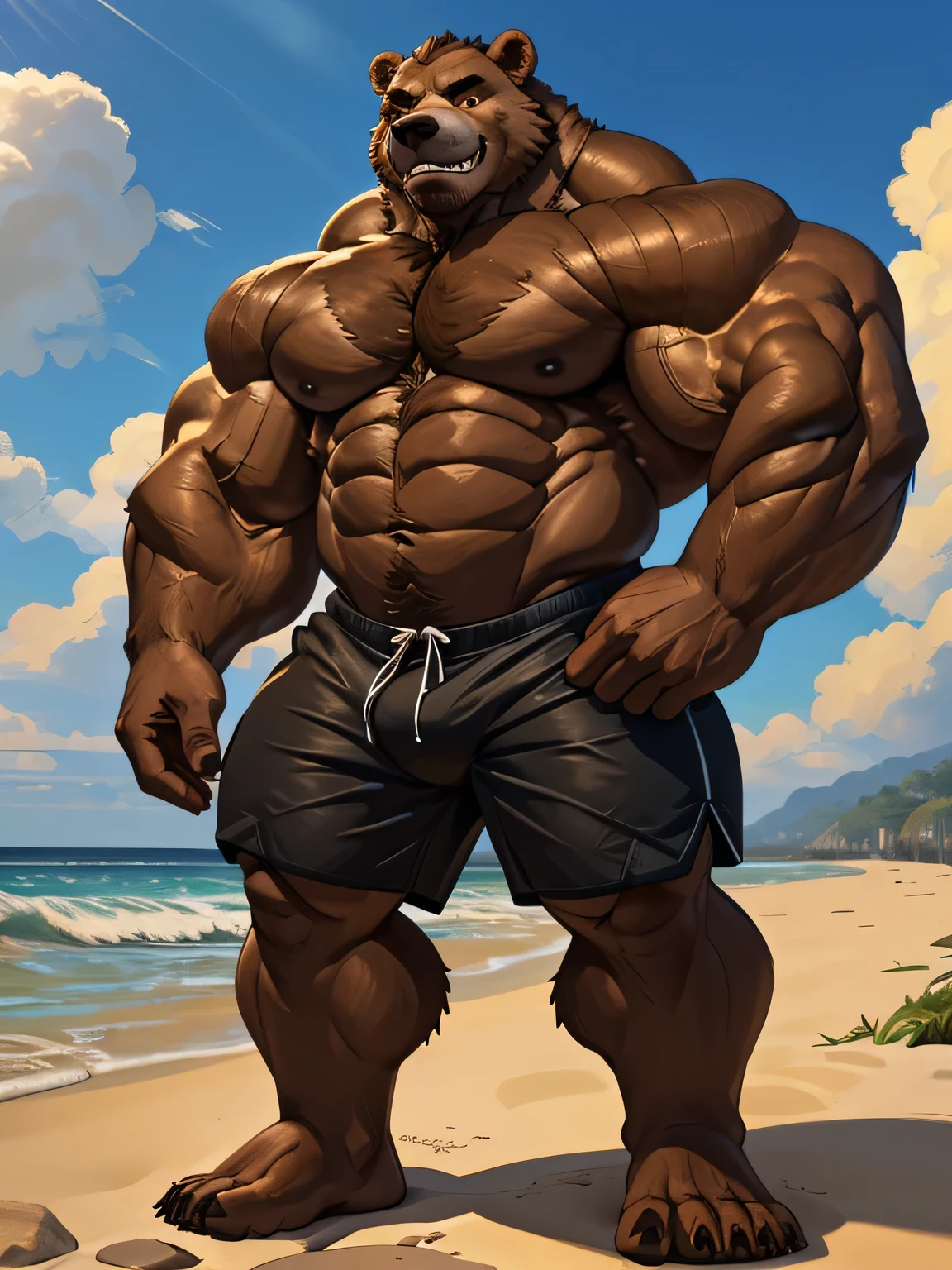 solo, 2boys, beach, size different, extremely huge muscular, massive muscular, grizzly bear, full-body, well-muscled being shirtless in a black swim trunk shorts in beach. Flexing his arms. ((extremely muscle size, super thick arms, huge back, thick brown fur, extremely wide back and shoulder , huge arms)). and add details to make it attractive and interesting. Add textures and details to make the image more realistic, such as the appearance of the shirt texture and the appearance of the skin. Make sure the resulting image is high resolution, 8K quality.", simple background, masterpiece, high detailed, 8k, high resolution