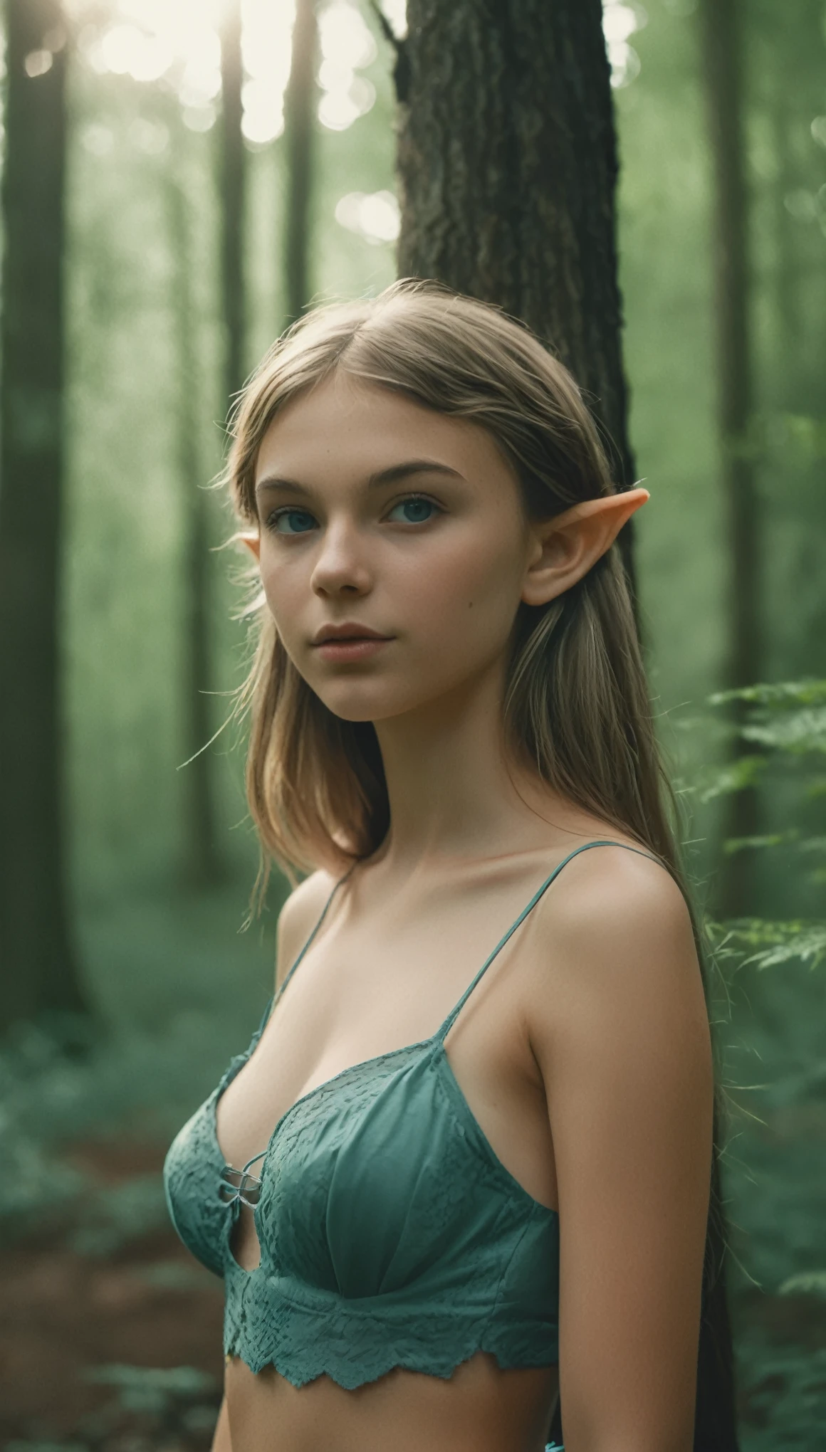 analog film photo, photo of a young elf girl, 18 years-old, elf, elf ears, long pointy ears, azure eyes, light-brown sun-tanned skin, goosebumps, pretty, natural beauty, resembles a young Taylorr Swift, wearing a cotton bralette, posing in a mystic forest, RAW Photograph, dslr, soft lighting, high quality, film grain, Fujifilm XT3, detailed skin with visible pores, insane details, masterpiece, 8k, 35mm photograph, dslr, kodachrome, faded film, desaturated, grainy, vintage, Kodachrome, Lomography, stained, highly detailed, found footage, close-up shot, elven ears