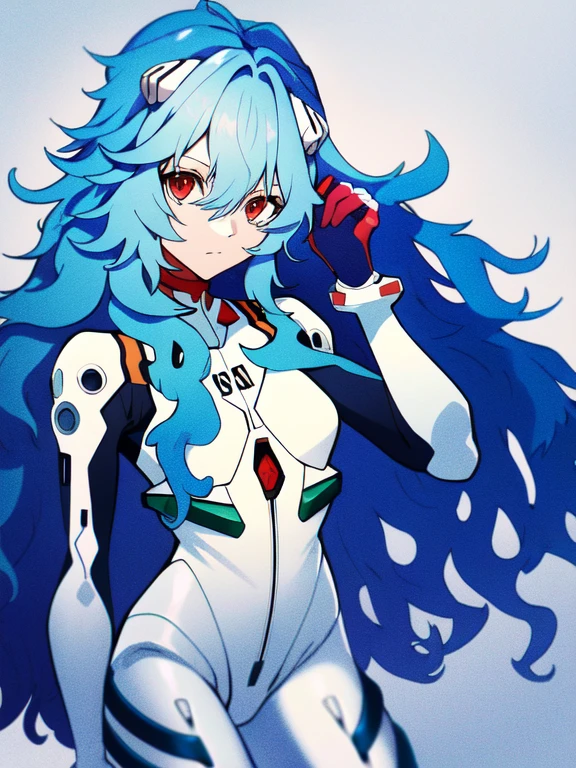 absurdres, best quality, 1girl, solo, looking at viewer, eye focus, rei_evangelion, light blue hair, red eyes, long hair, absurdly long hair, kinky hair, curly hair, plugsuit, pilot suit, interface headset, white bodysuit, white pilot suit, white plugsuit, (messy hair:1), (expressionless:1)