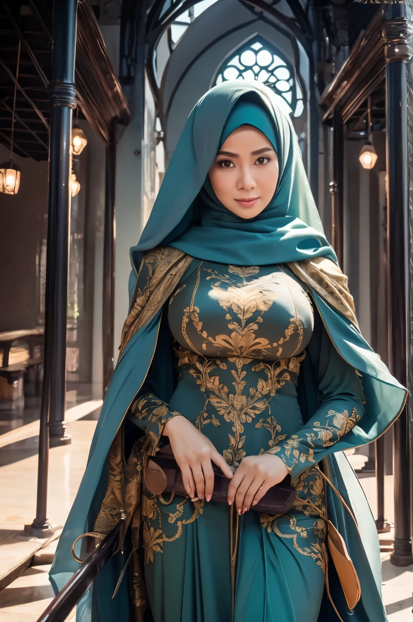 50 years Old, Hijab Indonesian mature woman, Big Tits : 66.9, Gamis, Breast out from her clothes : 1.9, at doctor office, Dark light, at Nighttime