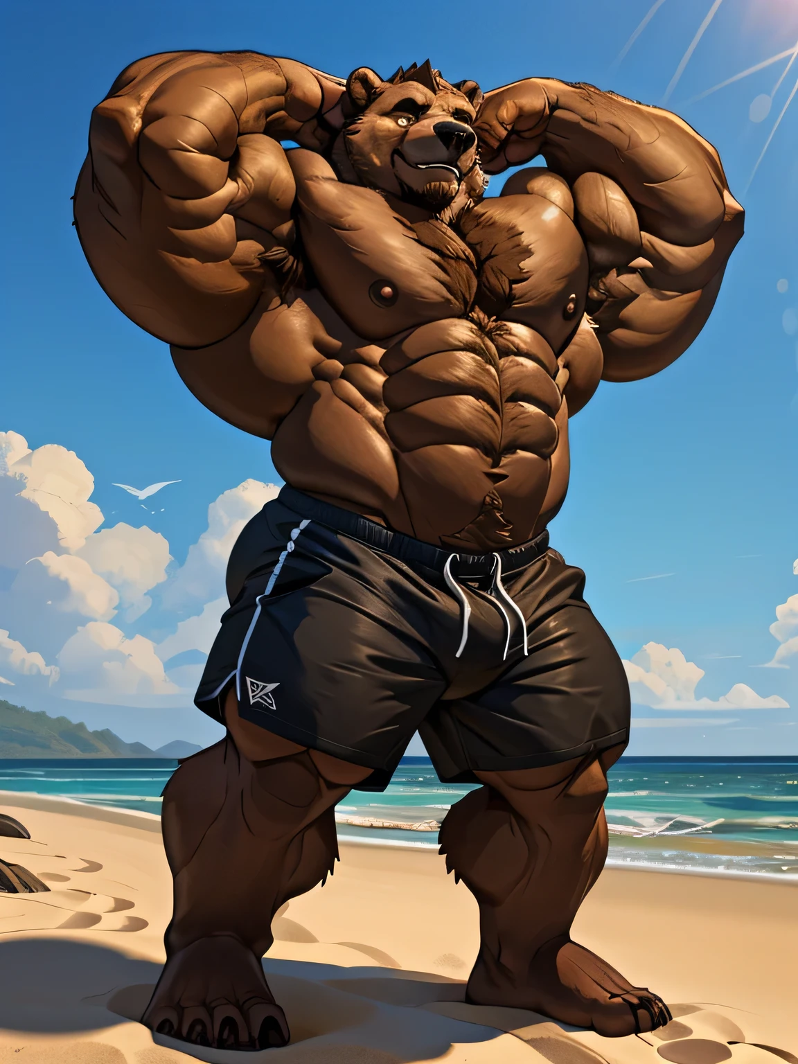 solo, 2boys, beach, size different, extremely huge muscular, massive muscular, grizzly bear, full-body, well-muscled being shirtless in a black swim trunk shorts in beach. Flexing his arms. ((extremely muscle size, super thick arms, huge back, thick brown fur, extremely wide back and shoulder , huge arms)). and add details to make it attractive and interesting. Add textures and details to make the image more realistic, such as the appearance of the shirt texture and the appearance of the skin. Make sure the resulting image is high resolution, 8K quality.", simple background, masterpiece, high detailed, 8k, high resolution