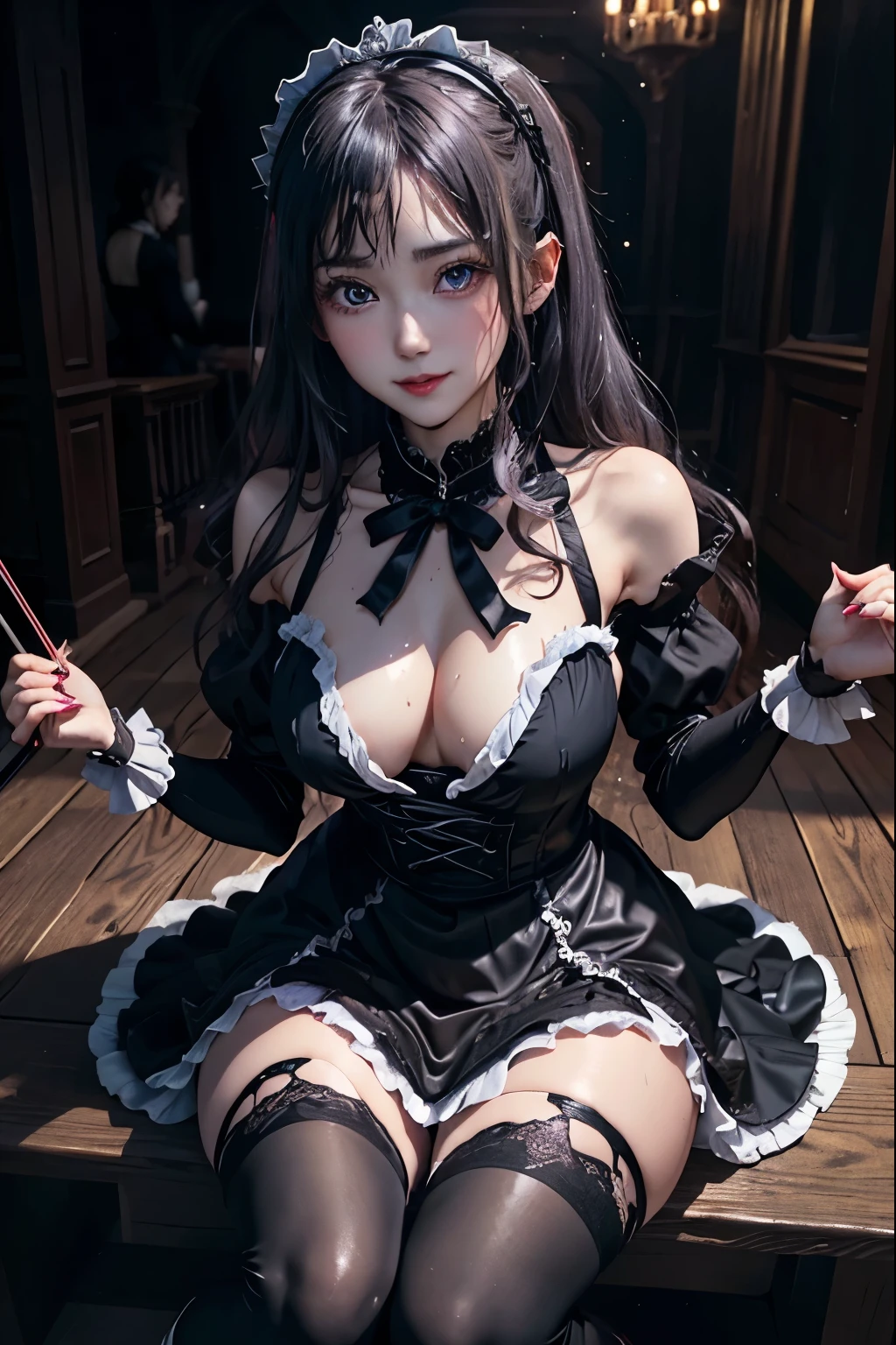 ハードDark Gothicメイク、Deep Night Sky、Horror、Black dark eyeshadow、sad、Good skin radiance、Dark Gothicメイク、Dark smile、palace、24-years-old、Embarrassed look、Dark Gothic、Obscene language、highest quality、Drunk face、紫のMaid clothes、Mysterious、Noble、sexy、Loving smile、Right blue eye, Left eye is red、Platform Heel Shoes、Heavy makeup、Gothic ta Clothing、Silver Hair、Long Hair Straight Hair、Cute Gothic Loliress、Beautiful Face、elegant features、Fascinating face、Stained glassが背景、Chest glistening with sweat、The room is dark、gothic long dress、Bell Sleeves、Wizard Sleeve、Decadent look、Sexually excited expression、Glossy thighs wet with water、Thighs that are wet and shiny with oil、Background of a room full of roses、The embroidery is pink、The dress has pink embroidery、Thigh-high socks、Knee-high socks、Gentle expression、Dark black eyeshadow、Stained glassと薔薇背景、Female Duo、Female couple、dark church background、Stained glass、Black metal world、Dark Castle、Slender body、gothic long dress、Maid clothes、Victorian dresses、Her thighs glisten with sweat、My body is wet and shiny、Lots of glitter on the thighy thighs are sticky from sweating、Sweat glistens on the thighs, The whole body is sweaty and shiny、Quite sweaty、My thighs are sweaty、My thighs are so wet、My thighs are shining with sweat、A lot of sweat glistens all over the body、Small breasts、Orchestra StageStage、Dynamic Angle、sitting on a gothic chair、Play the violin gracefully、With a violin、Press the violin strings、violinist、orchestra performance、Thin thighs、slender、Violin body and strings、Sit on a chair、pantyhose、Hime cut straight hair、