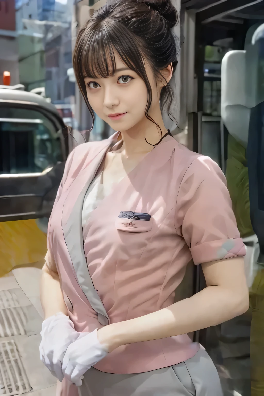 (masterpiece:1.2, highest quality:1.2), 32K HDR, High resolution, (alone、1 girl)、(On the rooftop of a building in the daytime、Professional Lighting)、Building rooftop background、(Nankai train crew uniform pinkを着たリアルスタイル)、(Nankai train crew uniform pink short sleeve pink jacket、Nankai Train Crew Uniform Pink Collarless Short Sleeve Blouse、Nankai Train Crew Uniform Pink Grey Knee-length Culottes)、Dark brown hair、(Hair tied up、Hair Bun、Hair Bun)、Dark brown hair、Long Shot、Big Breasts、Thin legs、((Great hands:2.0)),((Harmonious body proportions:1.5)),((Normal limbs:2.0)),((Normal finger:2.0)),((Delicate eyes:2.0)),((Normal eyes:2.0)))、smile、(Nankai Train Crew Uniform Pink Grey Knee-length Culottesを見せた美しい歩く姿)、Place your hands around your stomach