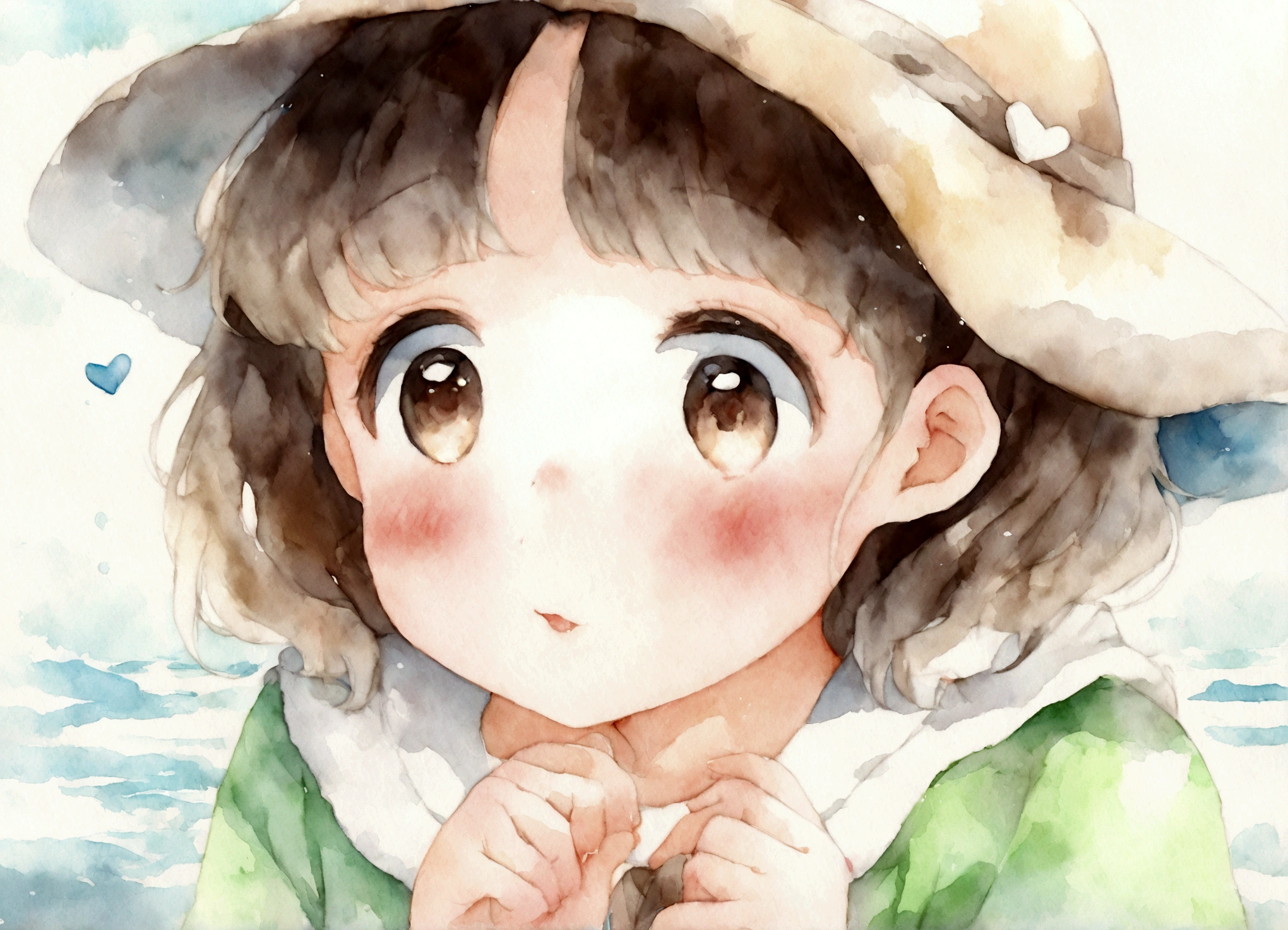 There is a sea in the background、Cute hearts flying、Watercolor Touch