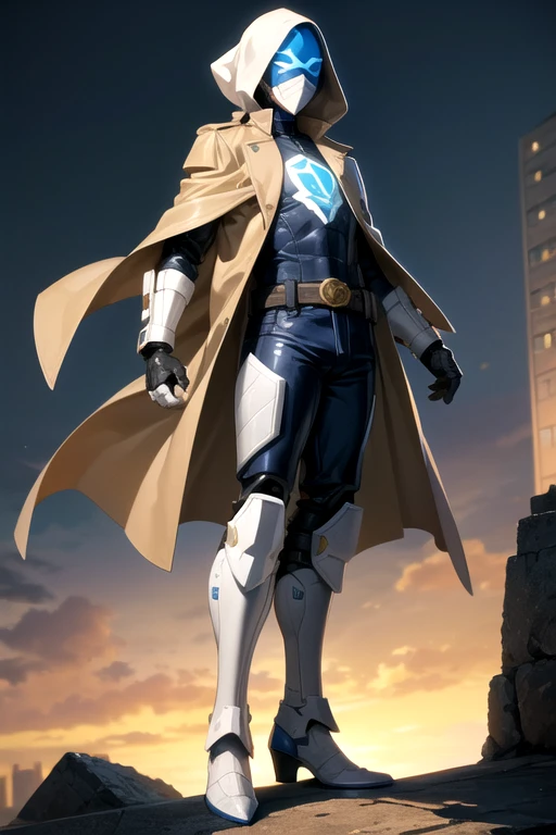 ((best quality)), ((masterpiece)), (detailed), 1 boy in a trench coat standing on a building, full body, 19 years old, masked, white mask covering his entire head and hair, black swimming goggles, blue eyes, face mask, no hair, tall and slender, long beige trench coat, open trench coat showing his emblem, black fingerless gloves, white wristbands, white superhero armor, luminous blue "I" letter emblem on the chest, blue I emblem, black pants, white knee pads, white metallic booties, superhero belt, nanotechnology, city background, anime