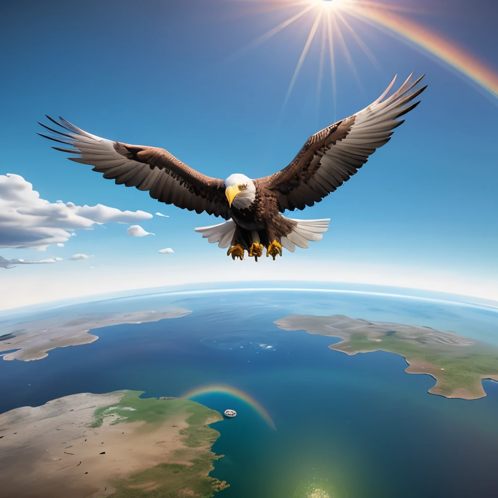 Sky and earth, Eagle soars, masterpiece, best quality, super detailed, masterpiece, HD transparent background, 3D rendering 2D, Overlooking the earth, Volumetric light,
unmanned, objectification, Fantasy - Rainbow 5